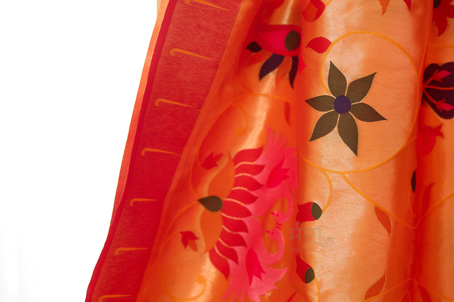 Orange silk blend Brocket Paithani Saree with unstitched blouse