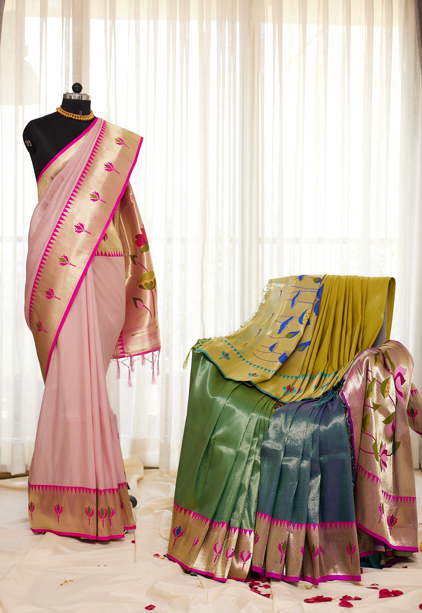 Pastel Pink Gold Zari Lotus Tissue Paithani