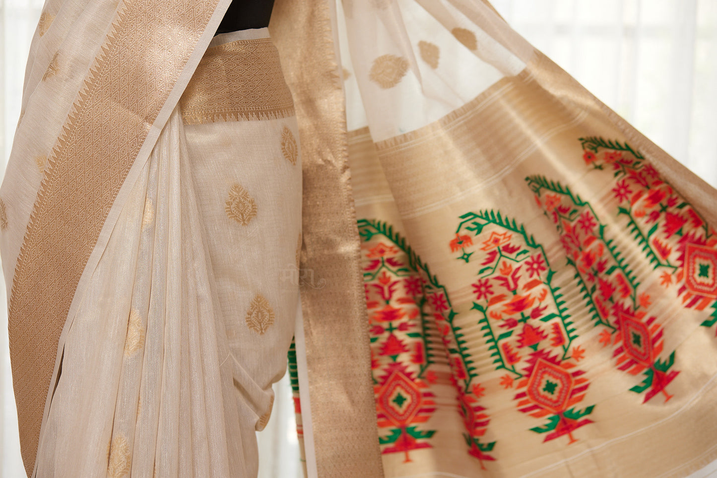 Off White Silk Blend Tissue Paithani Saree with unstitched blouse