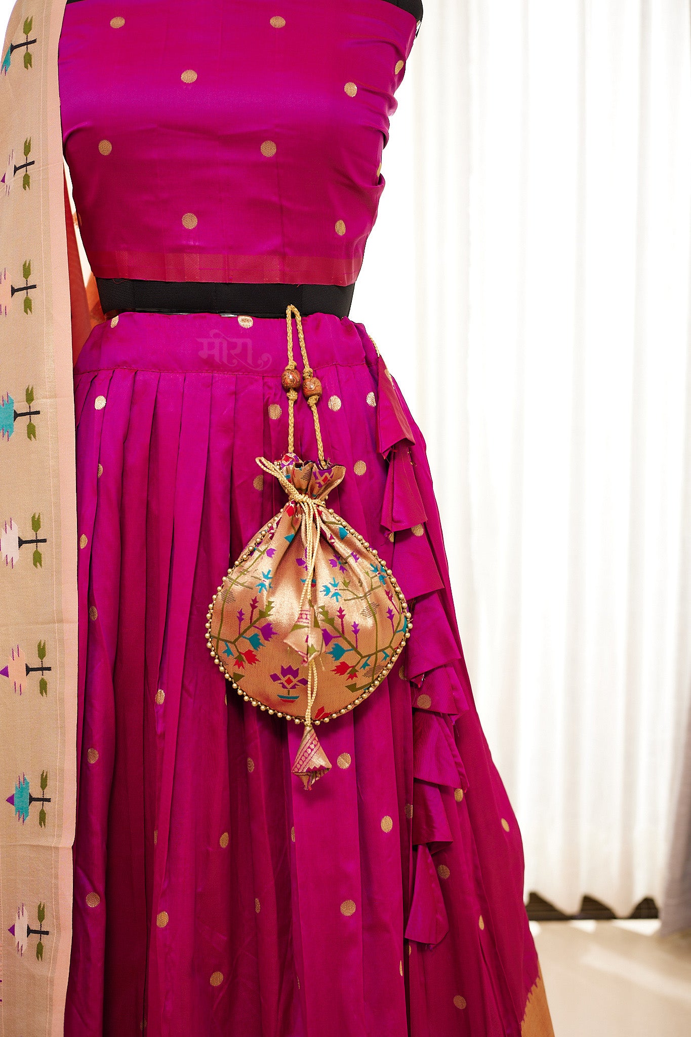 Magenta & Peach Zari Weaving Paithani Lehenga with Unstitched Blouse & Dupatta