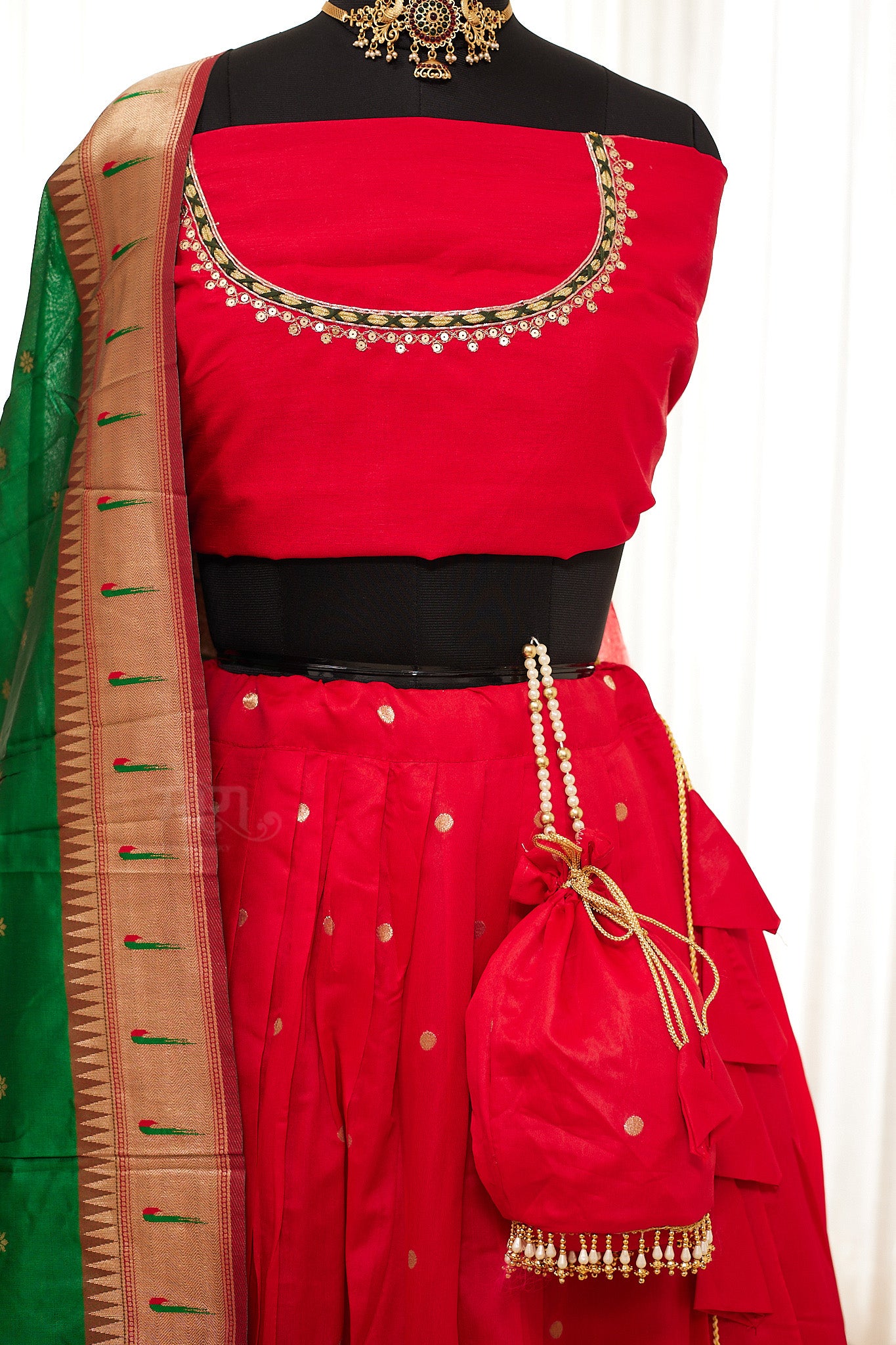 Red & Green Zari Weaving Paithani Lehenga with Unstitched Blouse & Dupatta