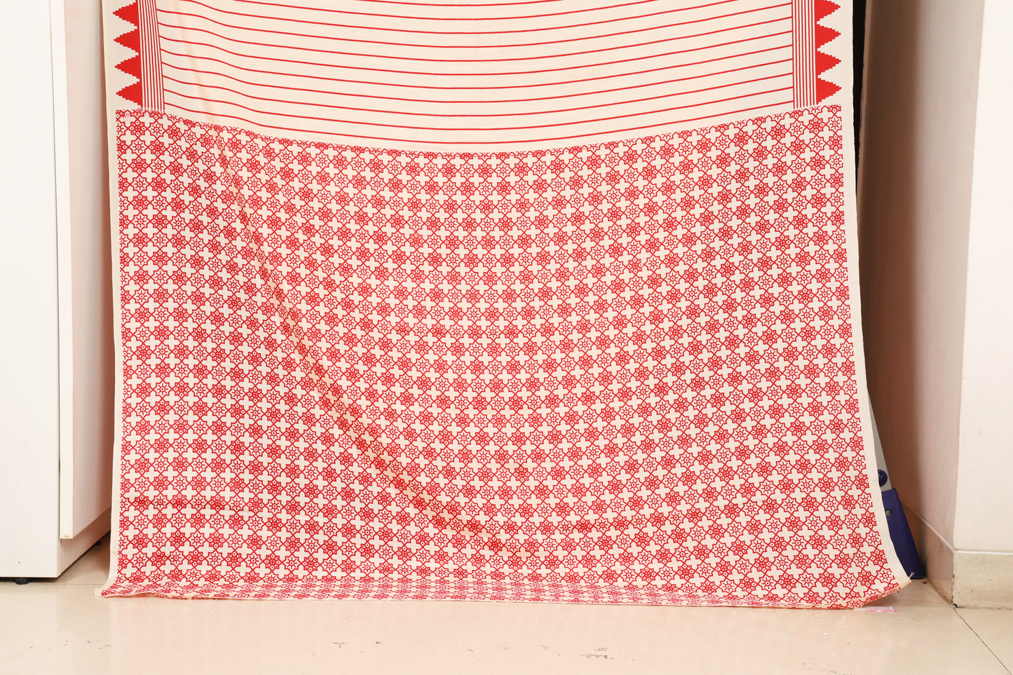 Off white and Red Semi Modal Silk Saree
