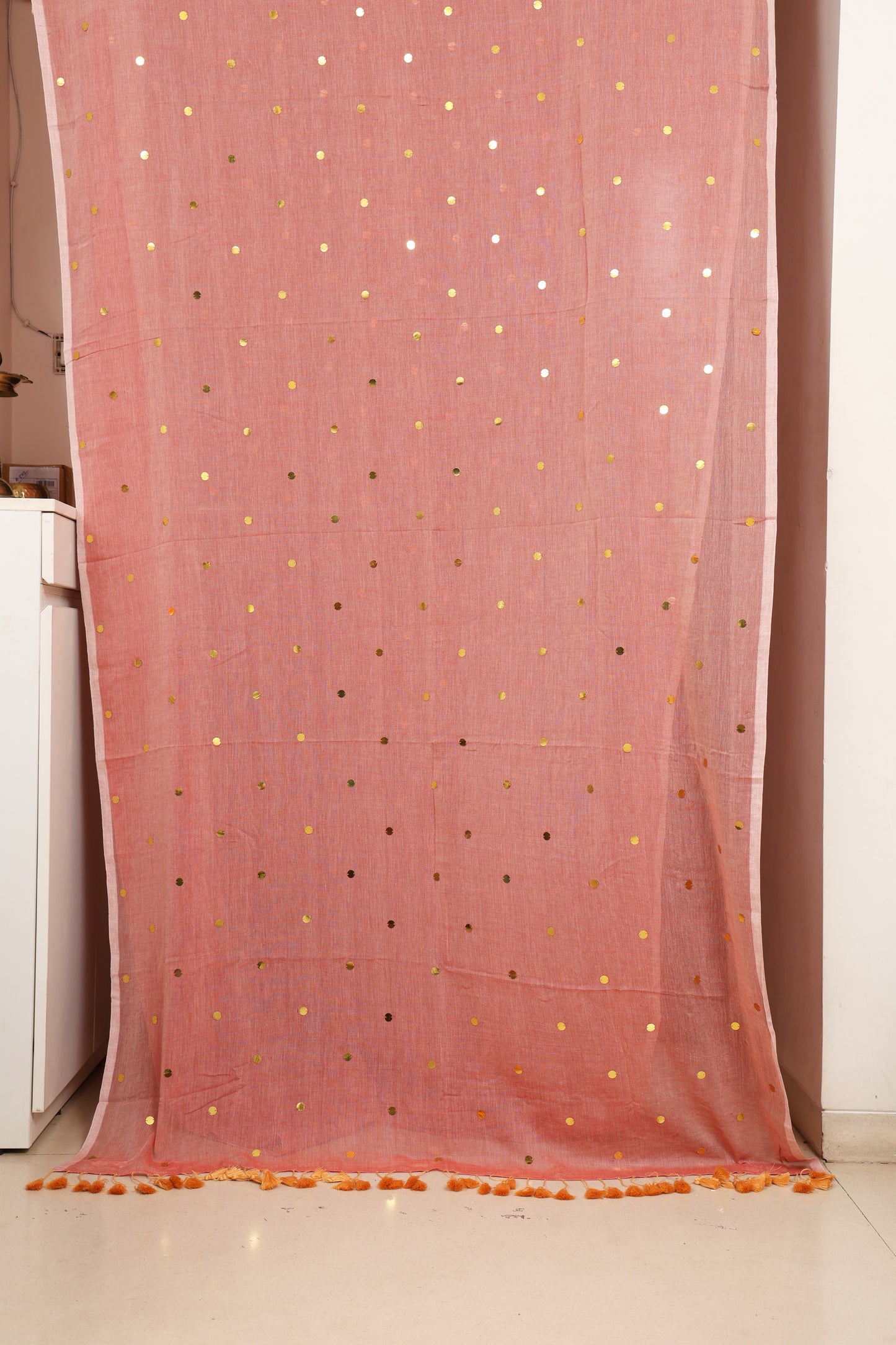 Orange Peach Mulmul Cotton Sequin Saree with Tassels