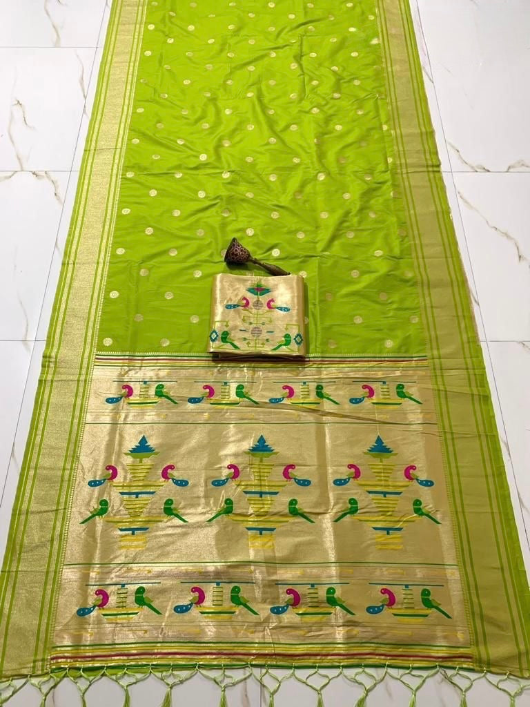 Parrot Lime Green Nauvari Kanjivaram Silk blend Paithani Saree with unstitched blouse.
