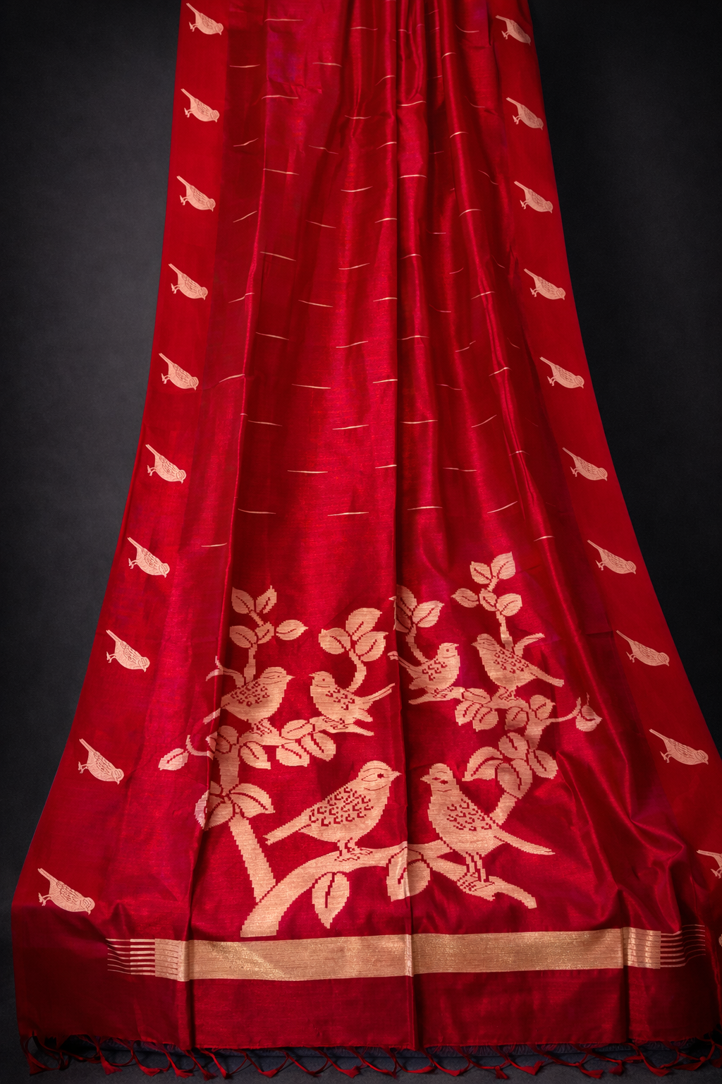 Red Semi Tussar Silk Saree with Satin Border & Chidya Design