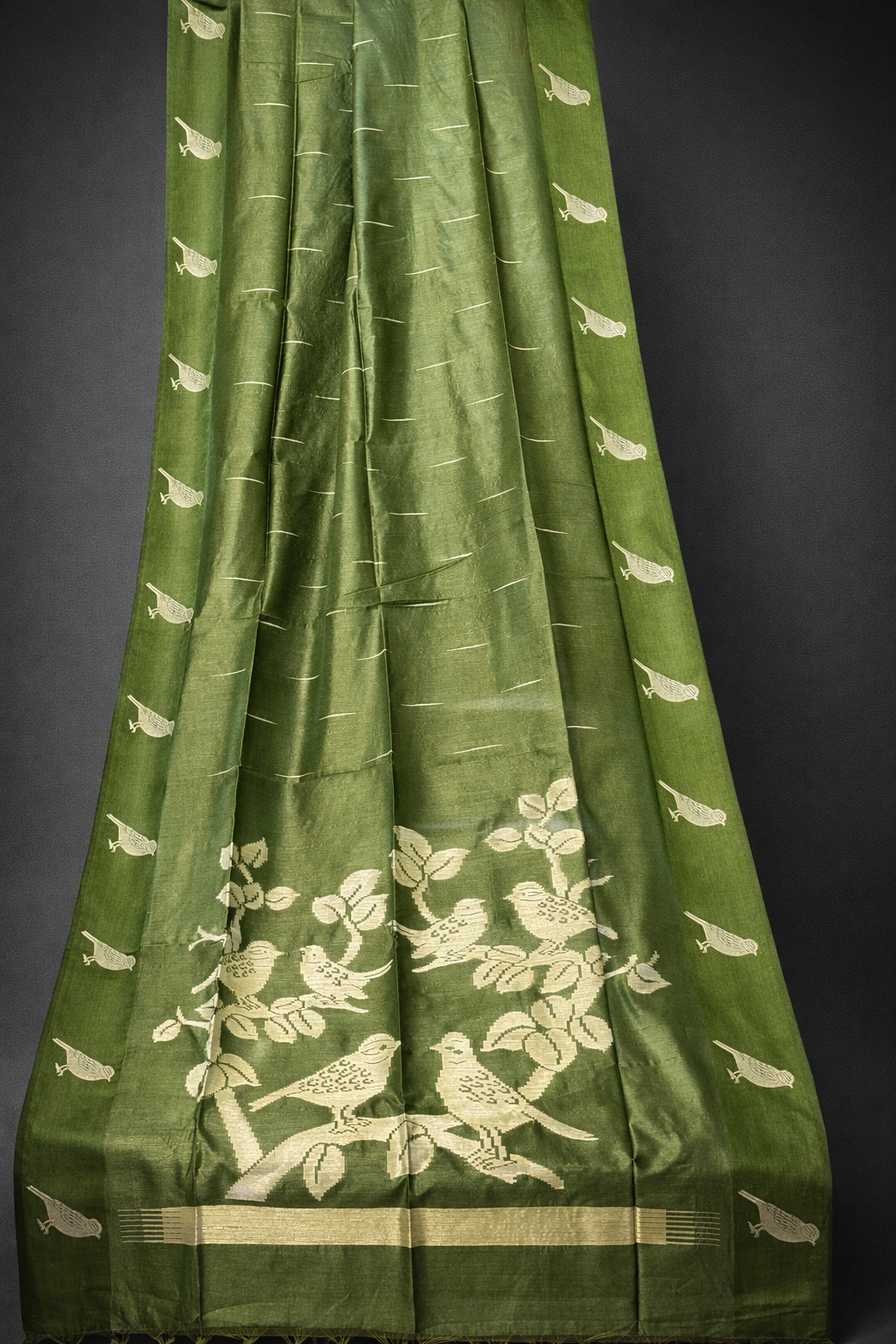 Olive Green Semi Tussar Silk Saree with Satin Border & Chidya Design