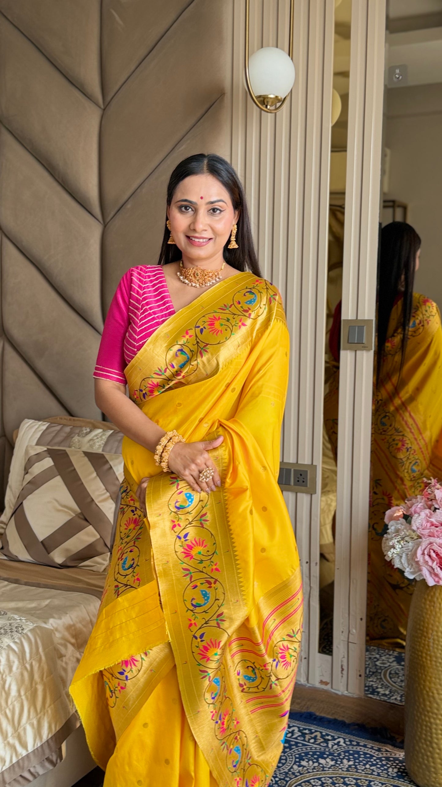Sunshine Yellow More Lotus Border Paithani Saree