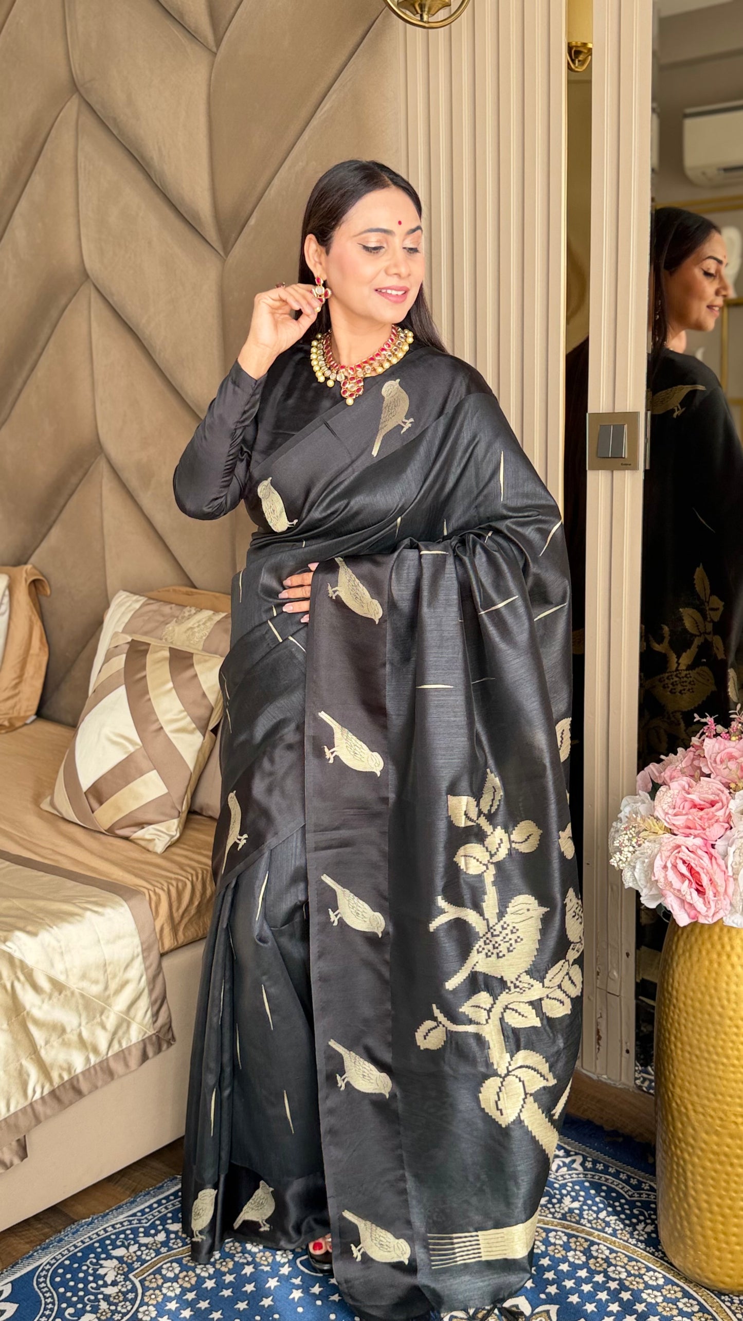 Jet Black Semi Tussar Silk Saree with Satin Border & Chidya Design