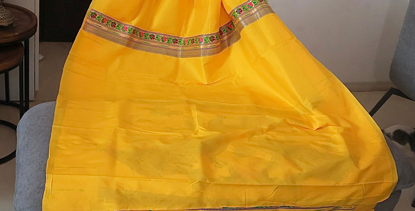 Sunshine Yellow Kanjivaram Silk blend Paithani Saree with unstitched blouse