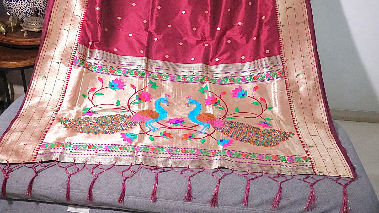 Wine Maroon Kanjivaram Silk blend Paithani Saree with unstitched blouse