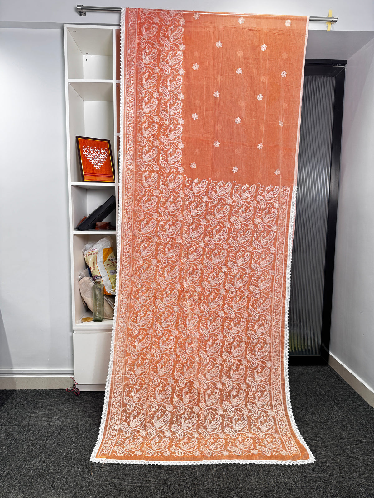 Burnt Orange Chikankari Mulmul Saree
