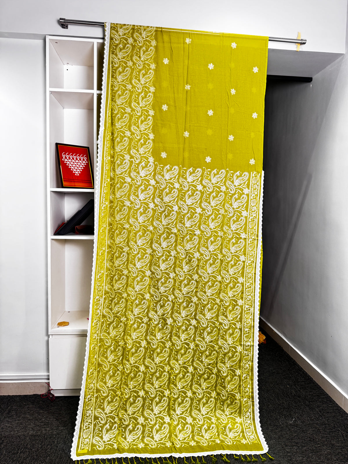 Parrot Green Chikankari Mulmul Saree