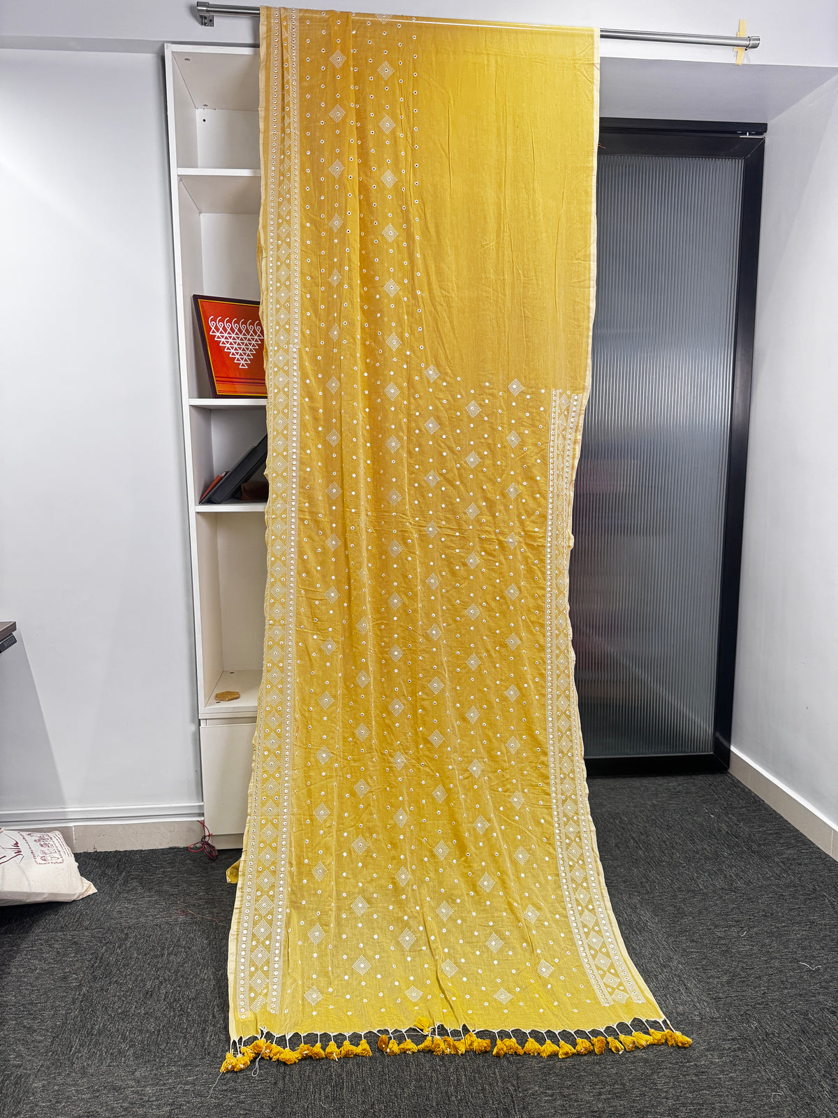 Mustard Gold Mirror Embroidery Mulmul Saree