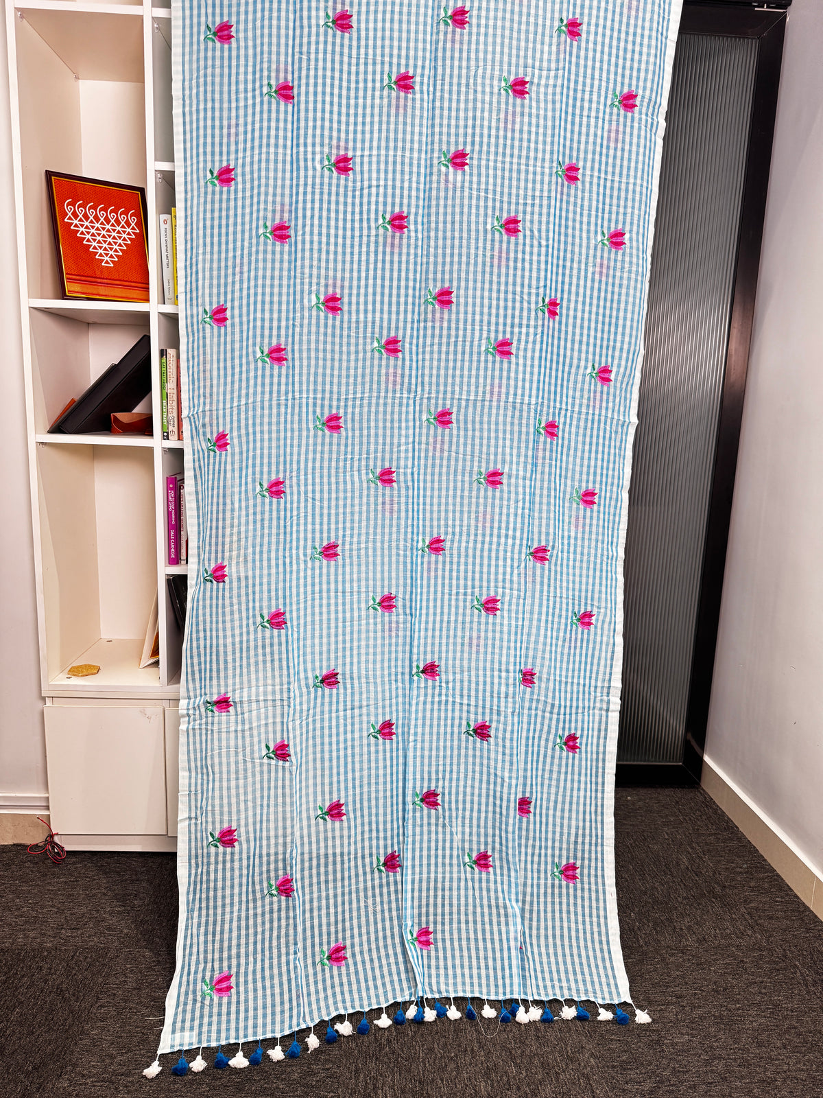 Sky Blue Rose Check Mulmul Saree