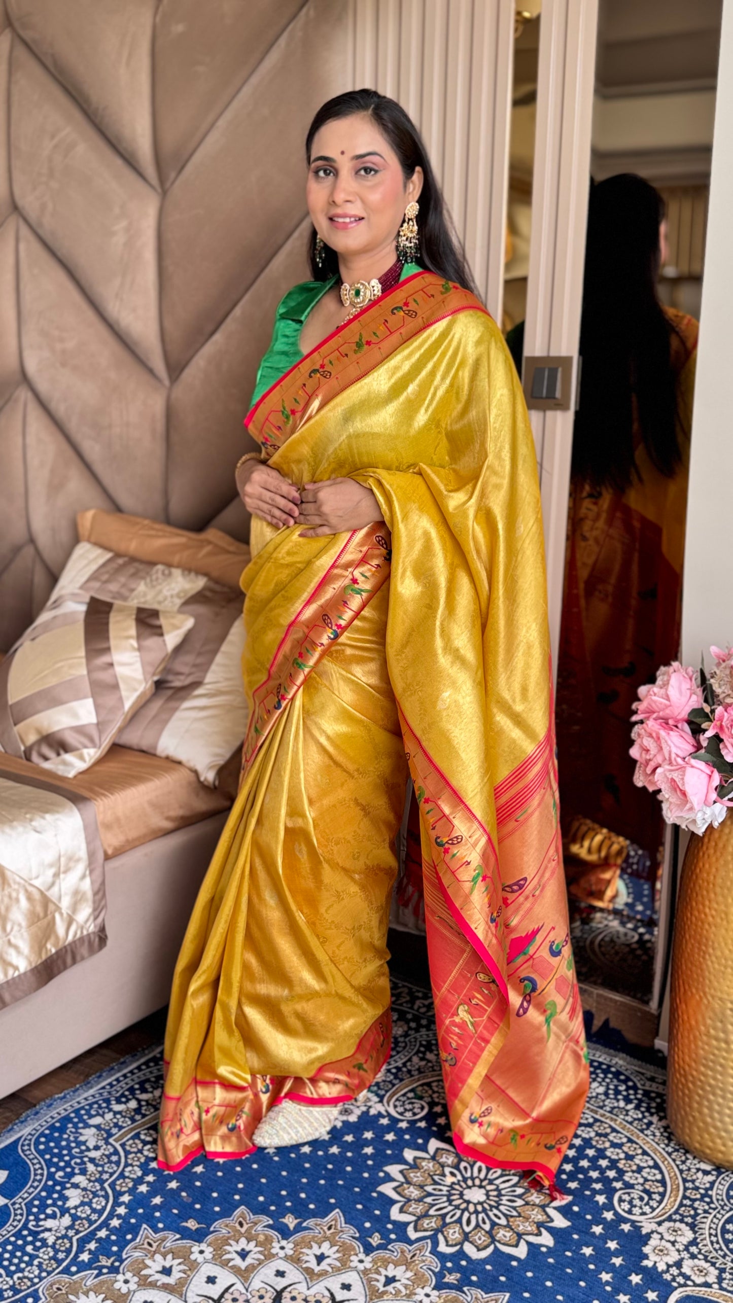 Yellow Silk Blend Tissue Paithani Saree with unstitched blouse
