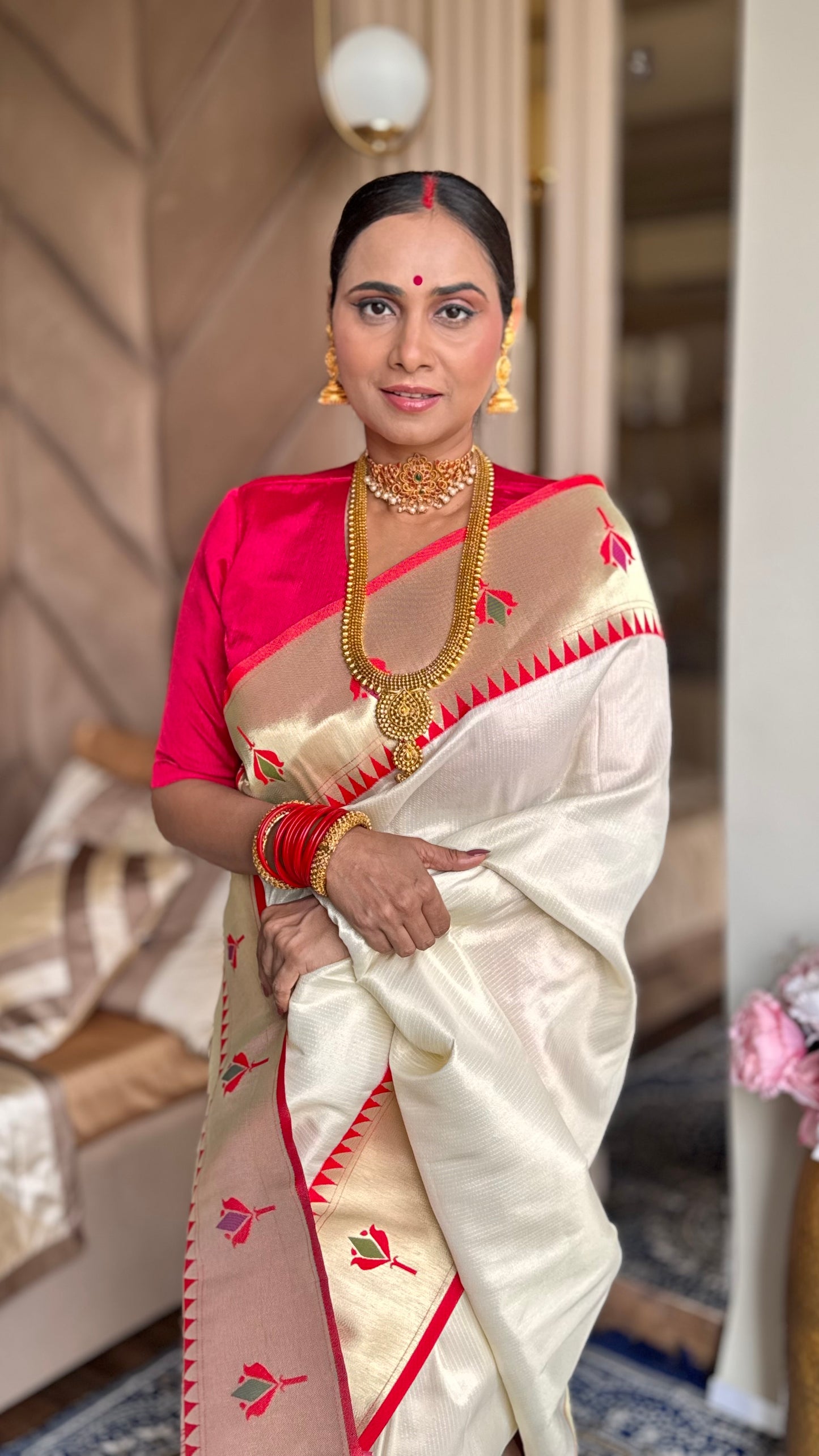 White Kanjivaram Silk blend Tissue Paithani Saree with unstitched blouse