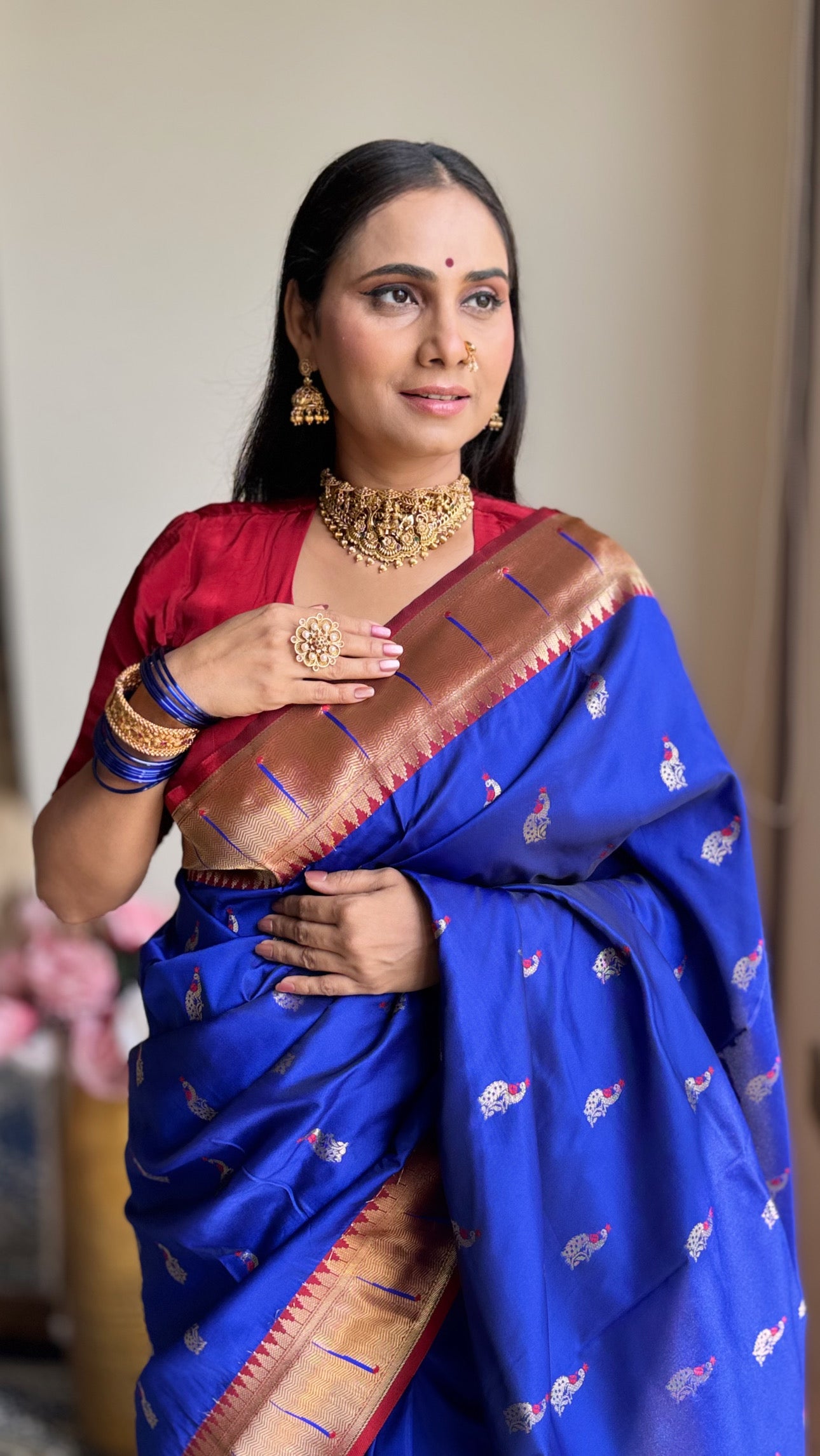 Royal Blue Kanjivaram Semi Soft Silk Paithani Saree with unstitched blouse