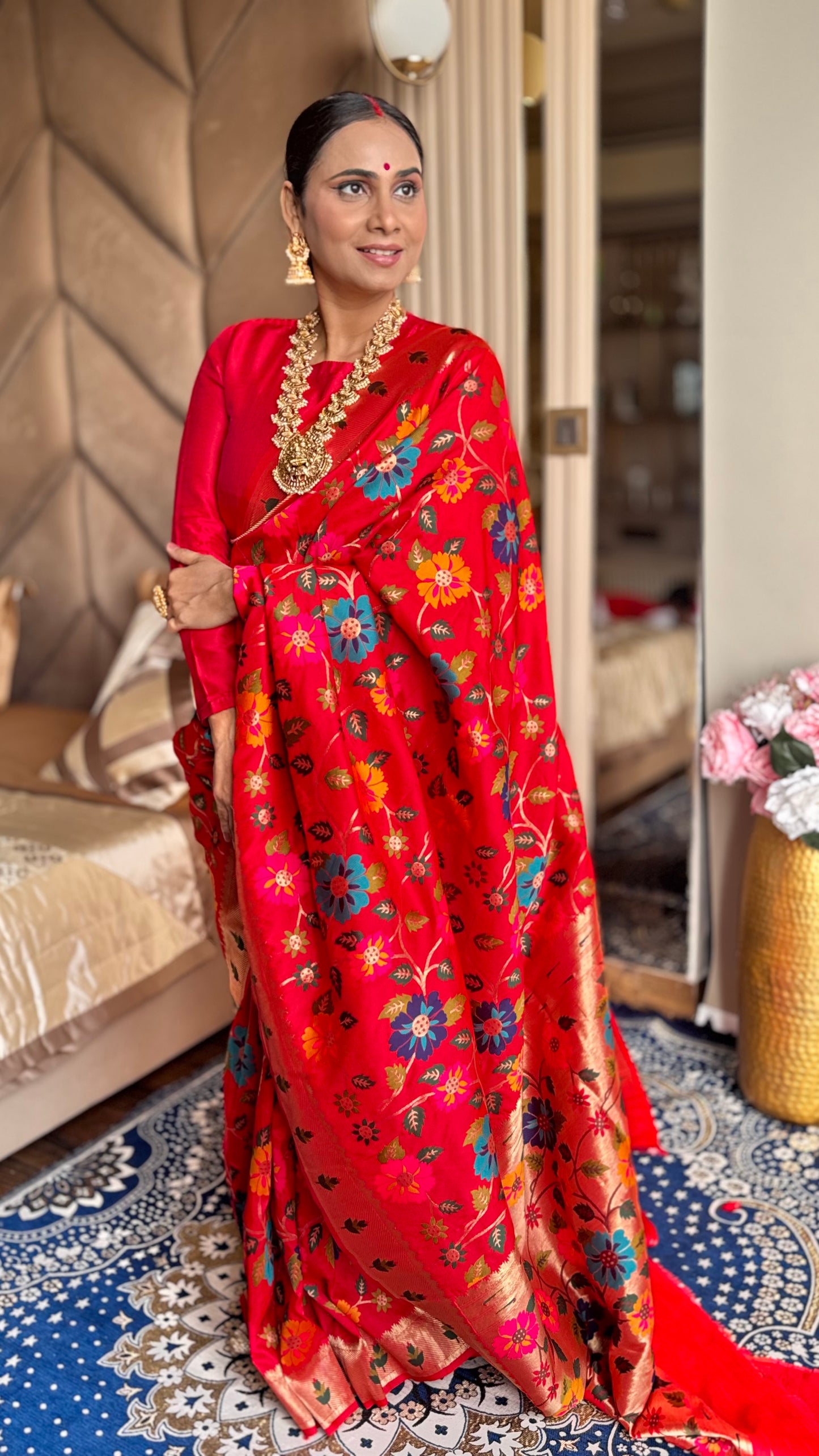 Red silk blend Brocket Paithani Saree with unstitched blouse