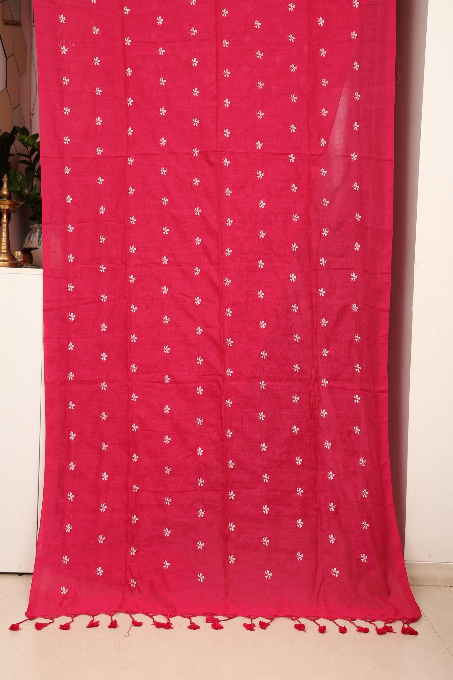 Crimson Red Phul Butti Cotton Saree