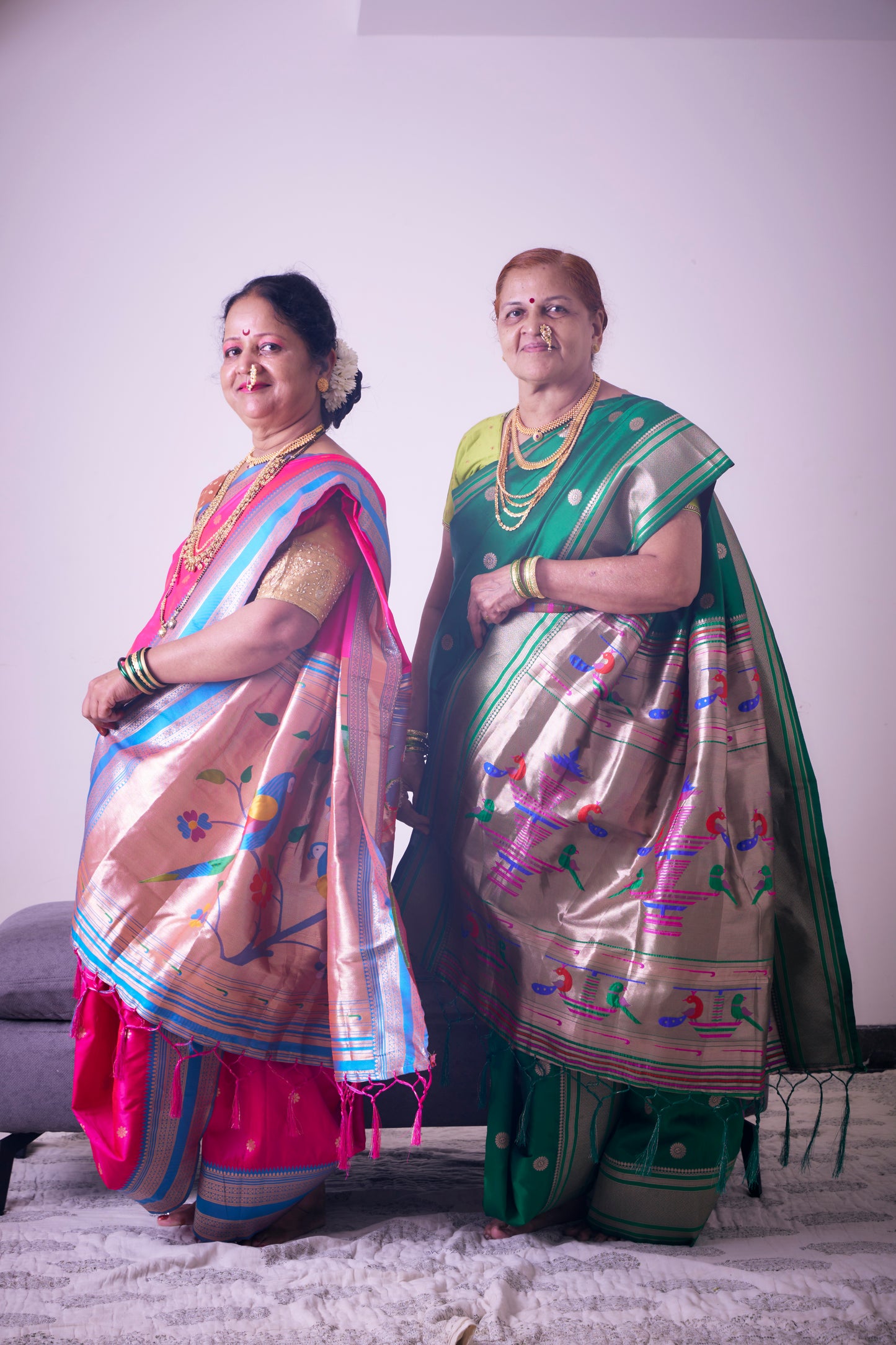 Teal Blue & Bright Rani Nauvari Kanjivaram Silk blend Paithani Saree with unstitched blouse.