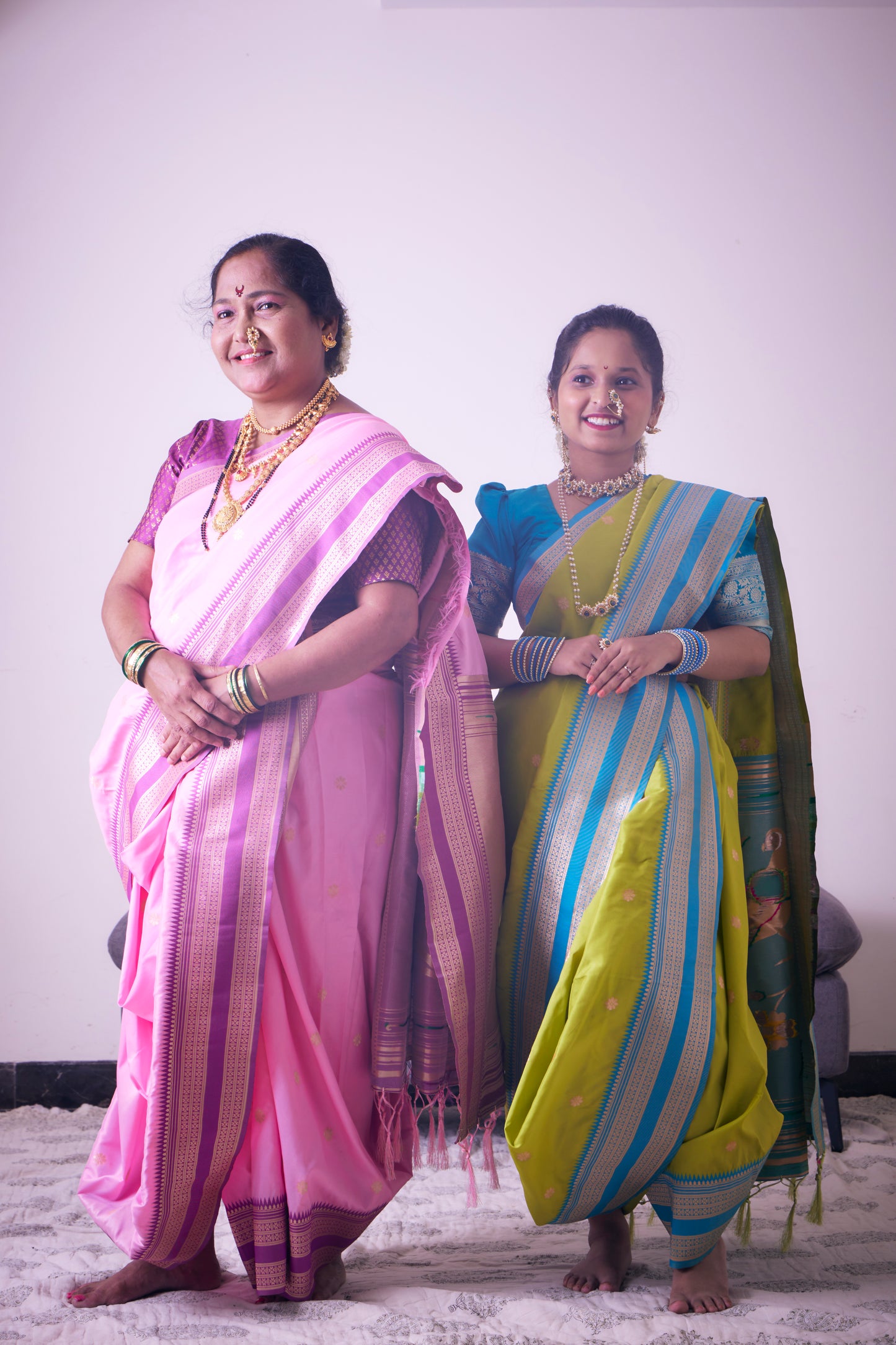 Purple & Soft Pink Nauvari Kanjivaram Silk blend Paithani Saree with unstitched blouse.