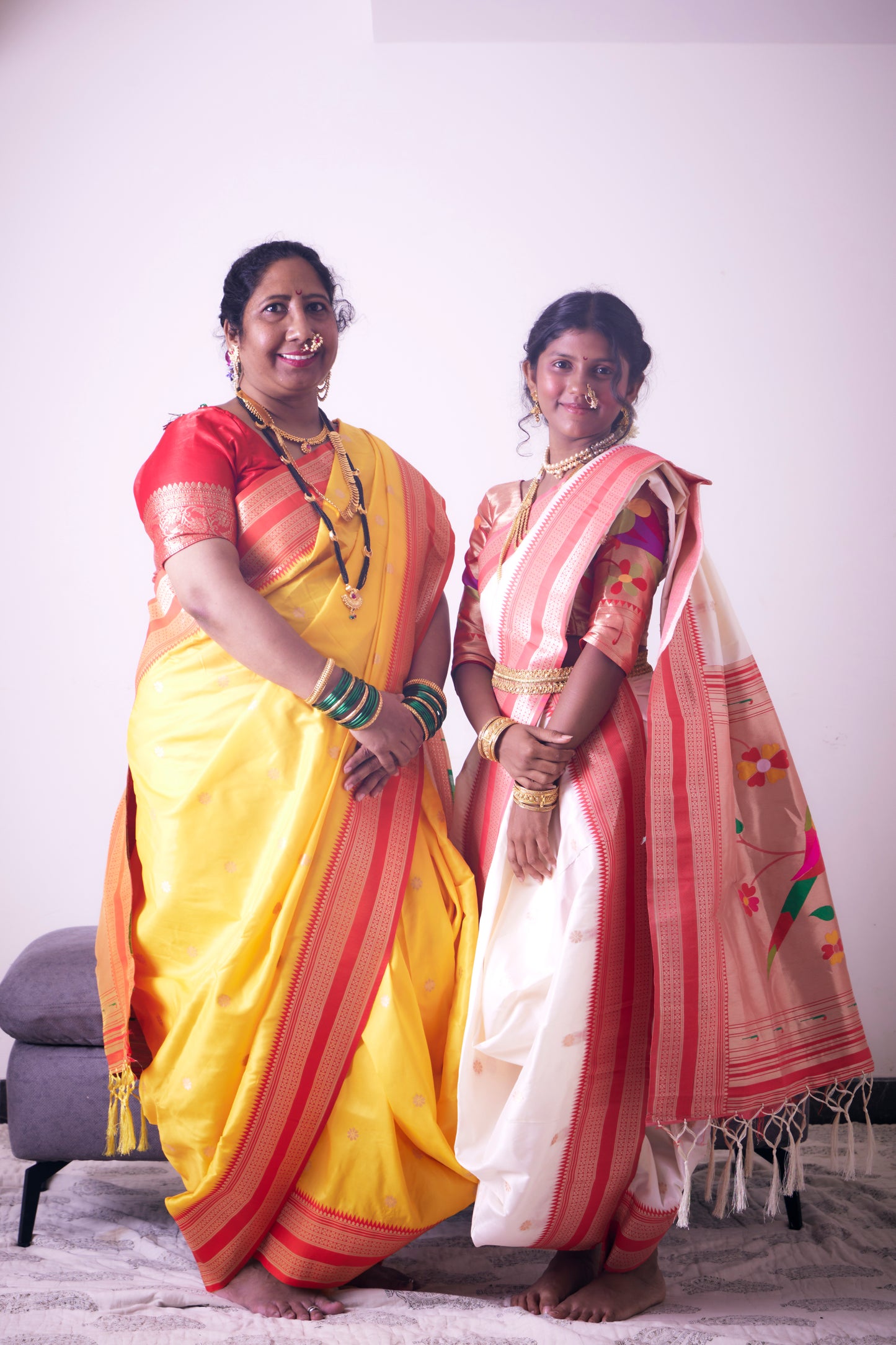 Coral Red & Ivory Cream Nauvari Kanjivaram Silk blend Paithani Saree with unstitched blouse.