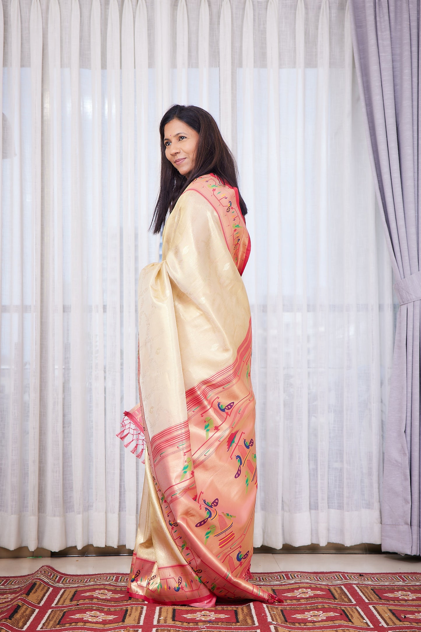 Off White Silk Blend Tissue Paithani Saree with unstitched blouse