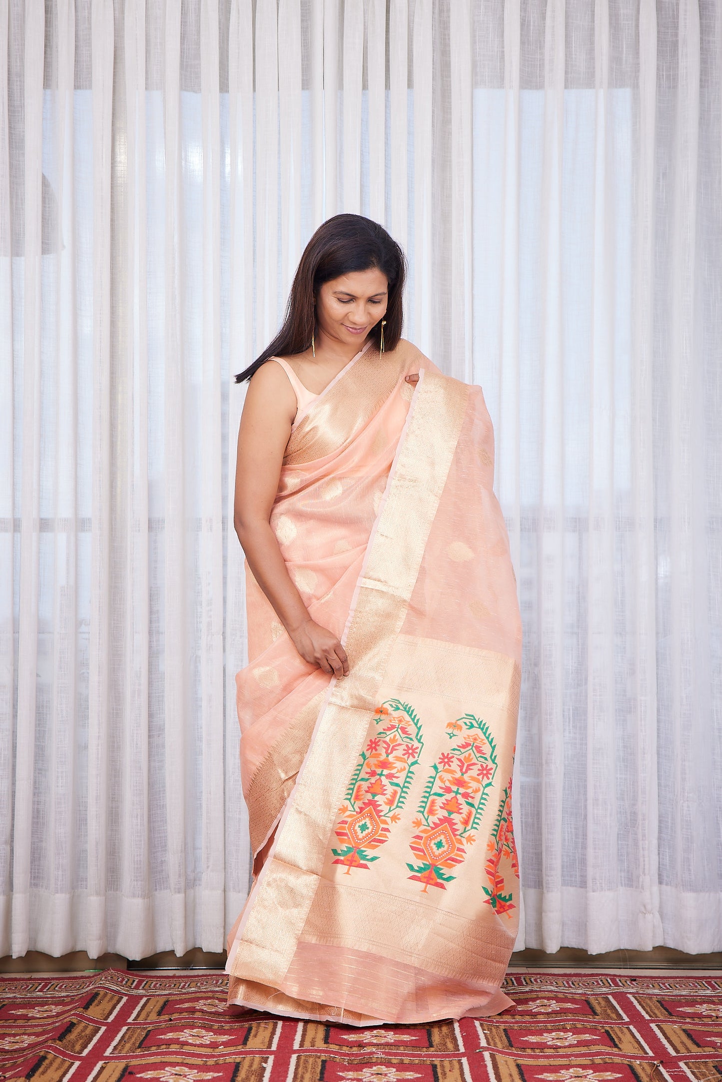 Peach Silk Blend Tissue Paithani Saree with unstitched blouse
