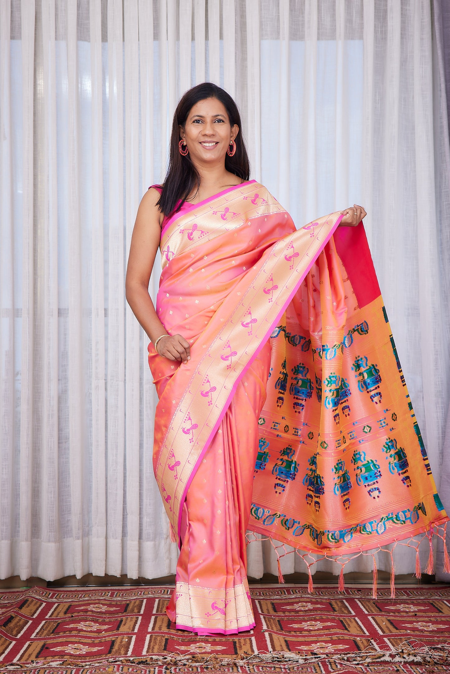 Peach Kanjivaram Silk blend Paithani Saree with unstitched blouse