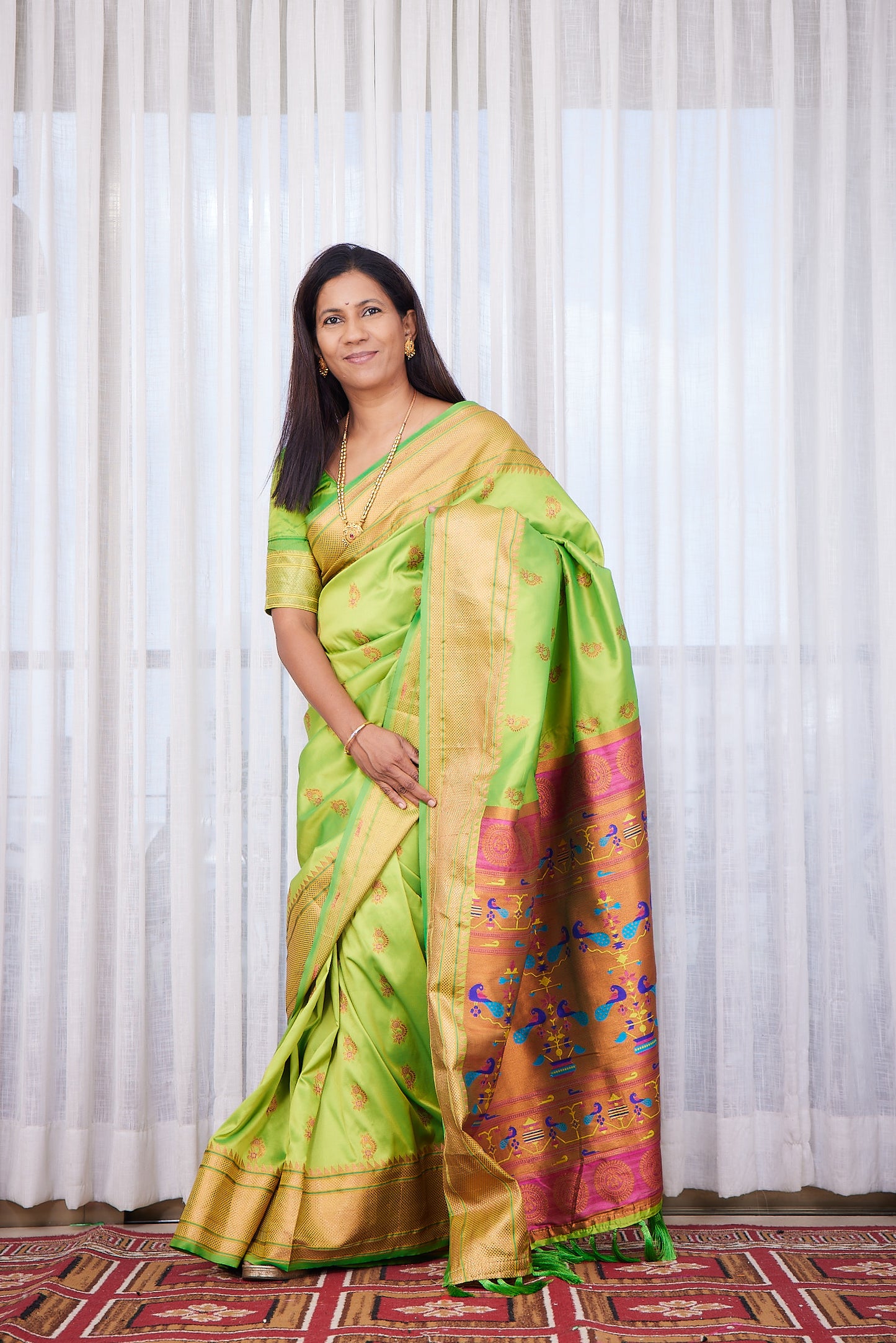 Parrot Green zari woven Nath Paithani Saree with unstitched blouse