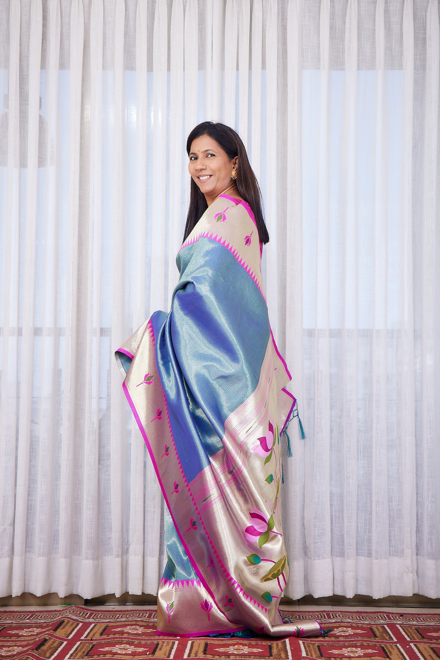 Petrol Blue Kanjivaram Silk blend Tissue Paithani Saree with unstitched blouse