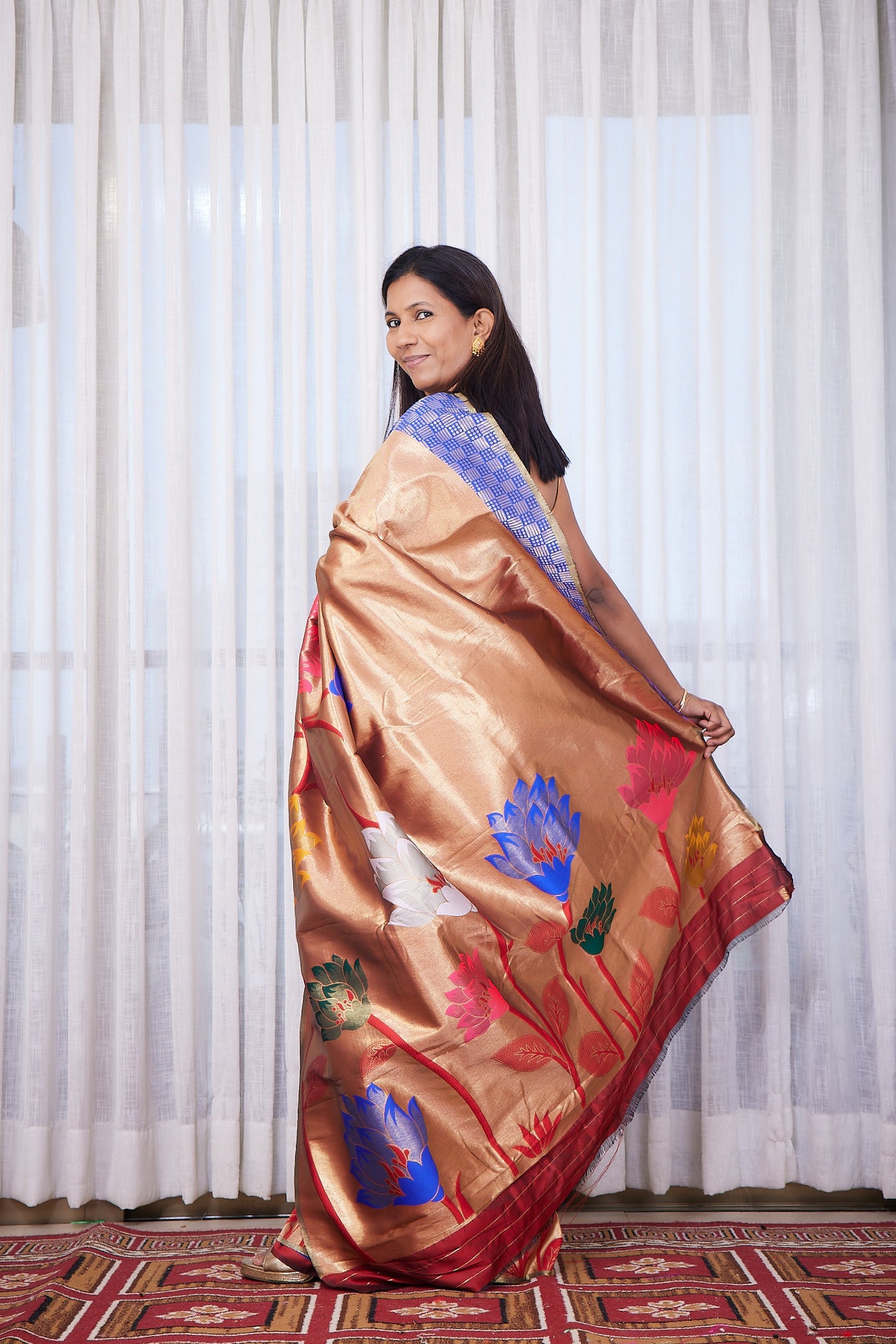 Royal Blue silk blend Paithani Saree with big motif border with unstitched blouse