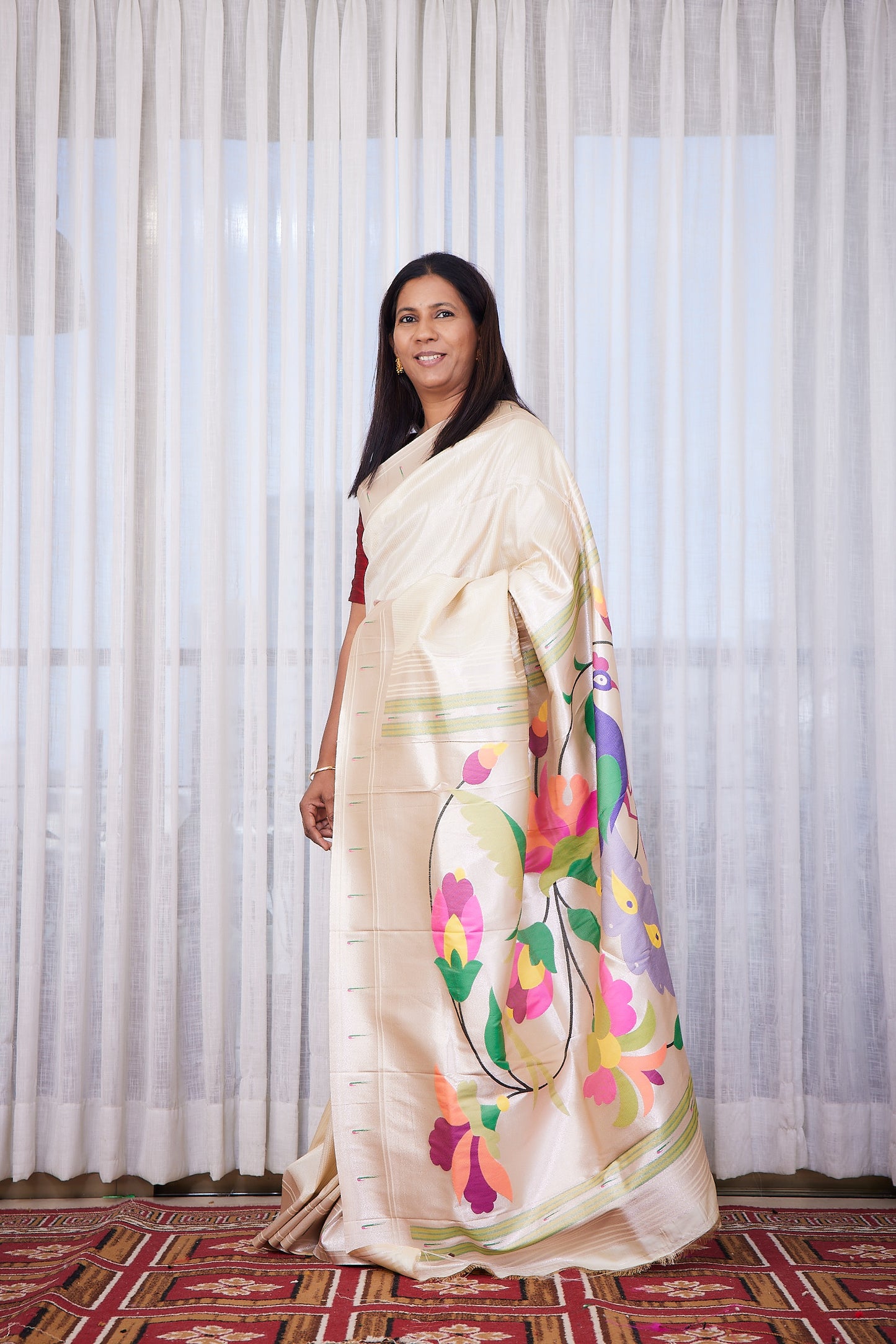 Off White Silk blend Paithani Saree with unstitched blouse