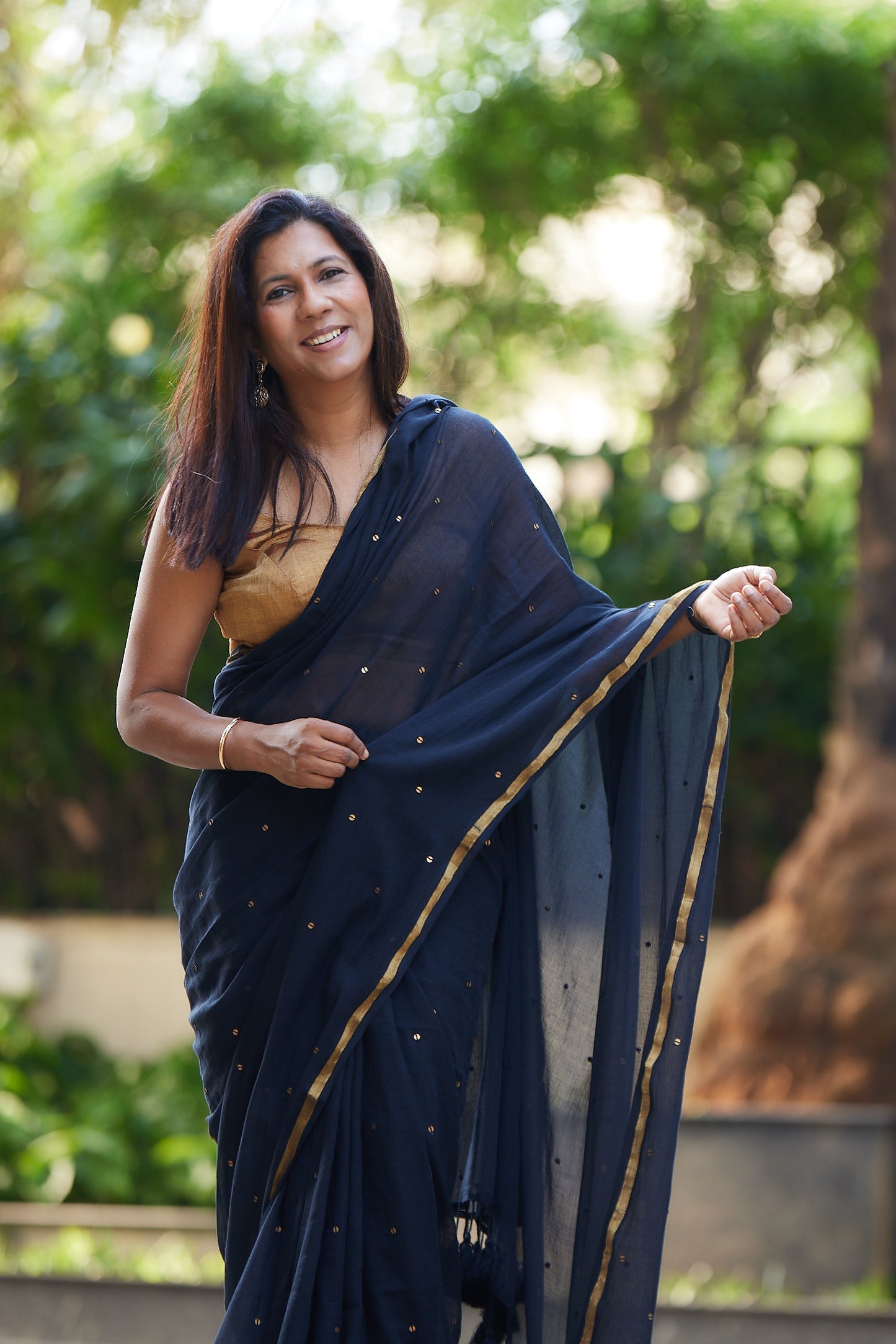 Black Mulmul cotton Sequin Saree with Tassels