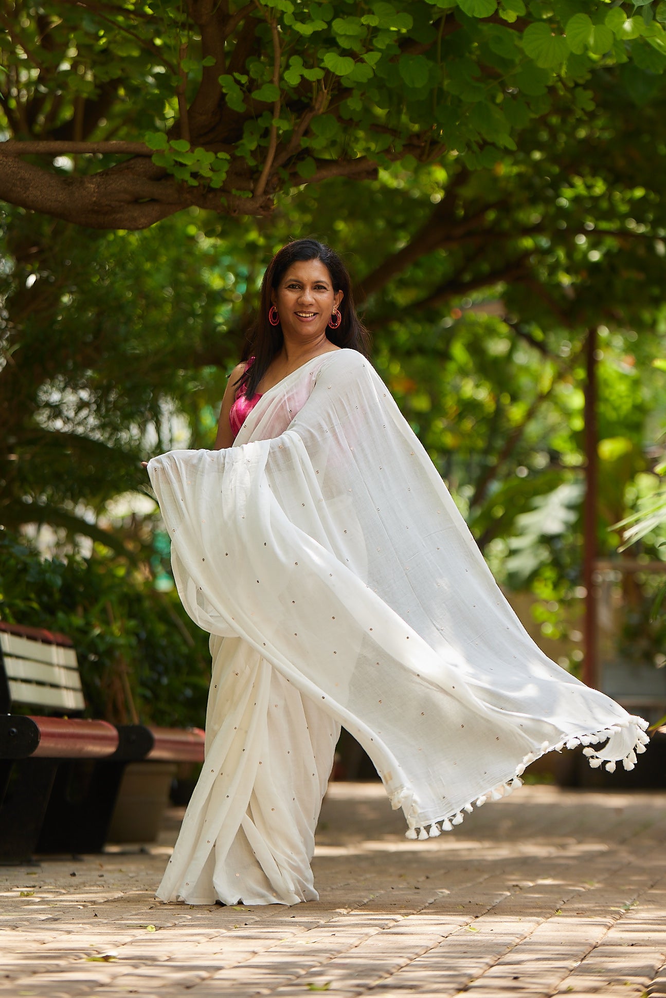 White Mulmul cotton Sequin Saree with Tassels