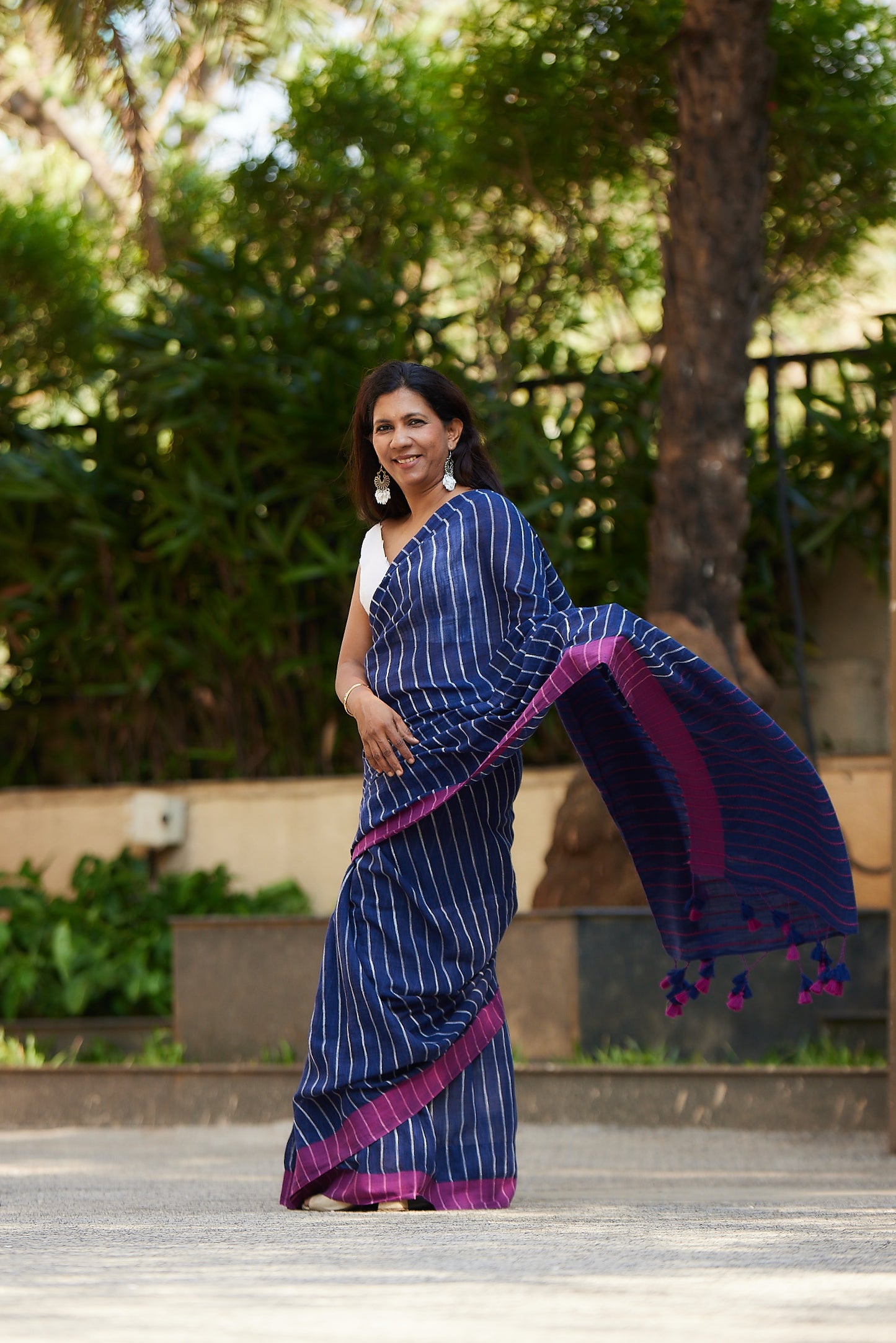 Navy Blue Cotton Linen Saree