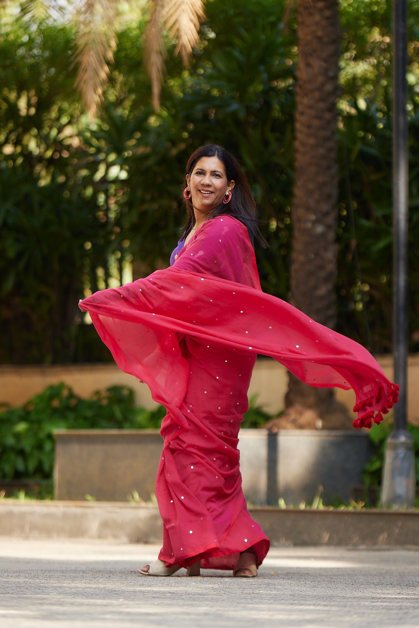 Raspberry Mulmul cotton Sequin Saree with Tassels