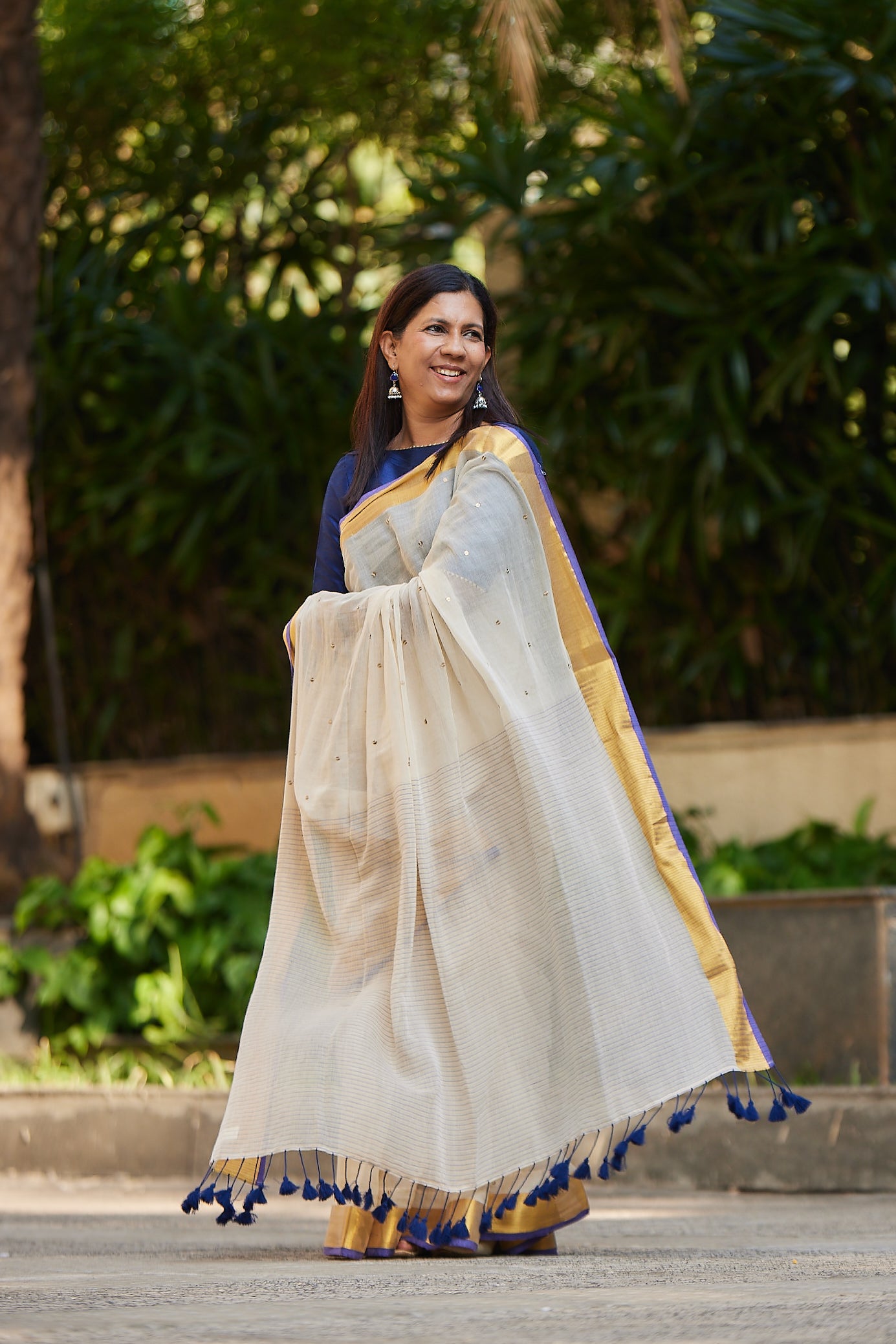 Off white Purple Border Mulmul Cotton Saree with Tassels