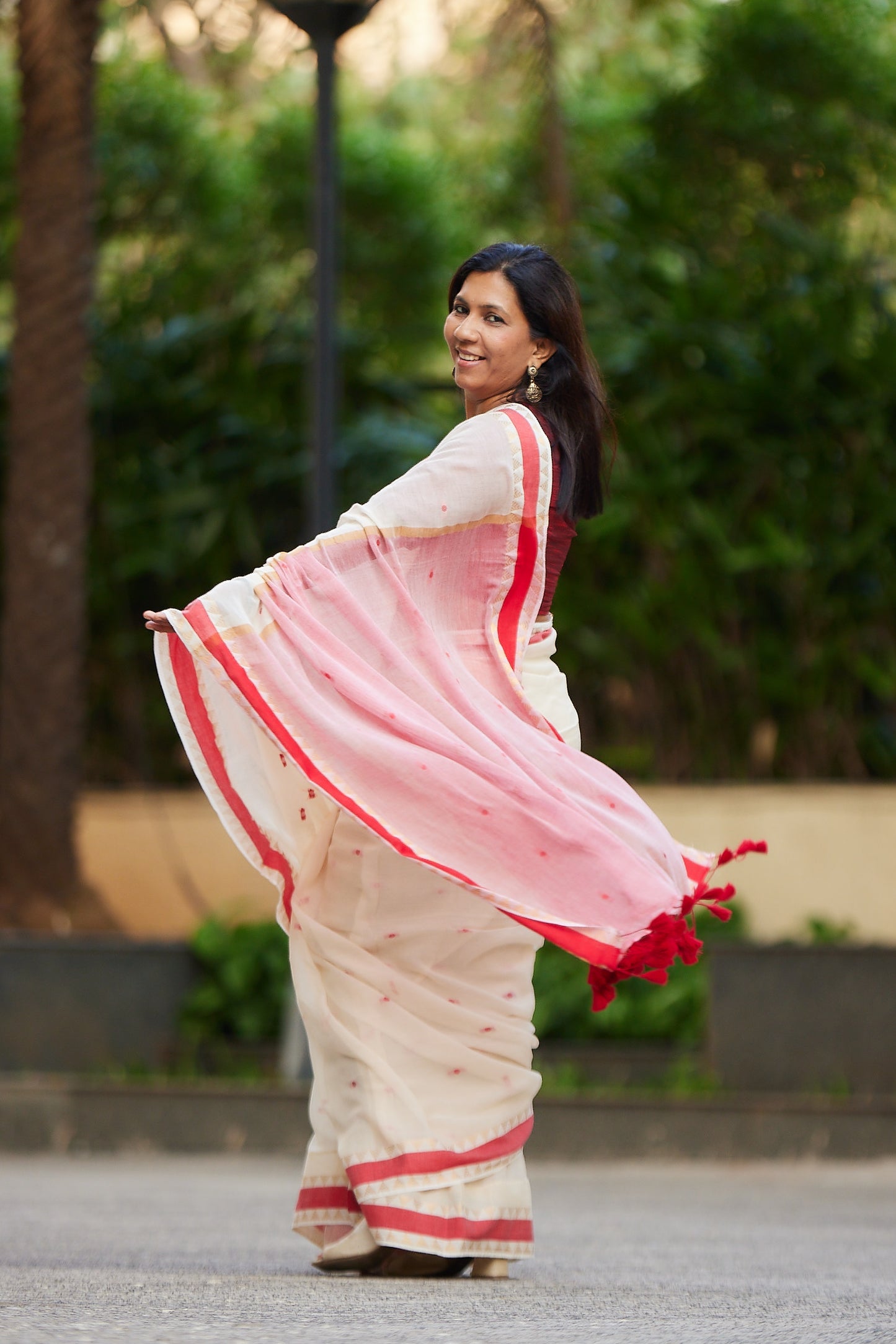Off white Mulmul Cotton Saree with Zari and Tassels
