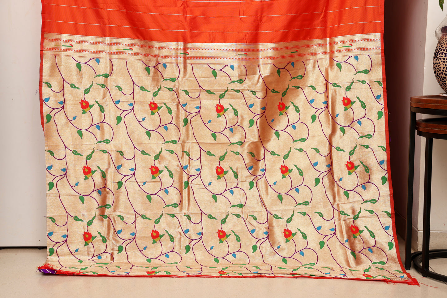 Sindoor Orange Paithani and Kalamkari Fusion