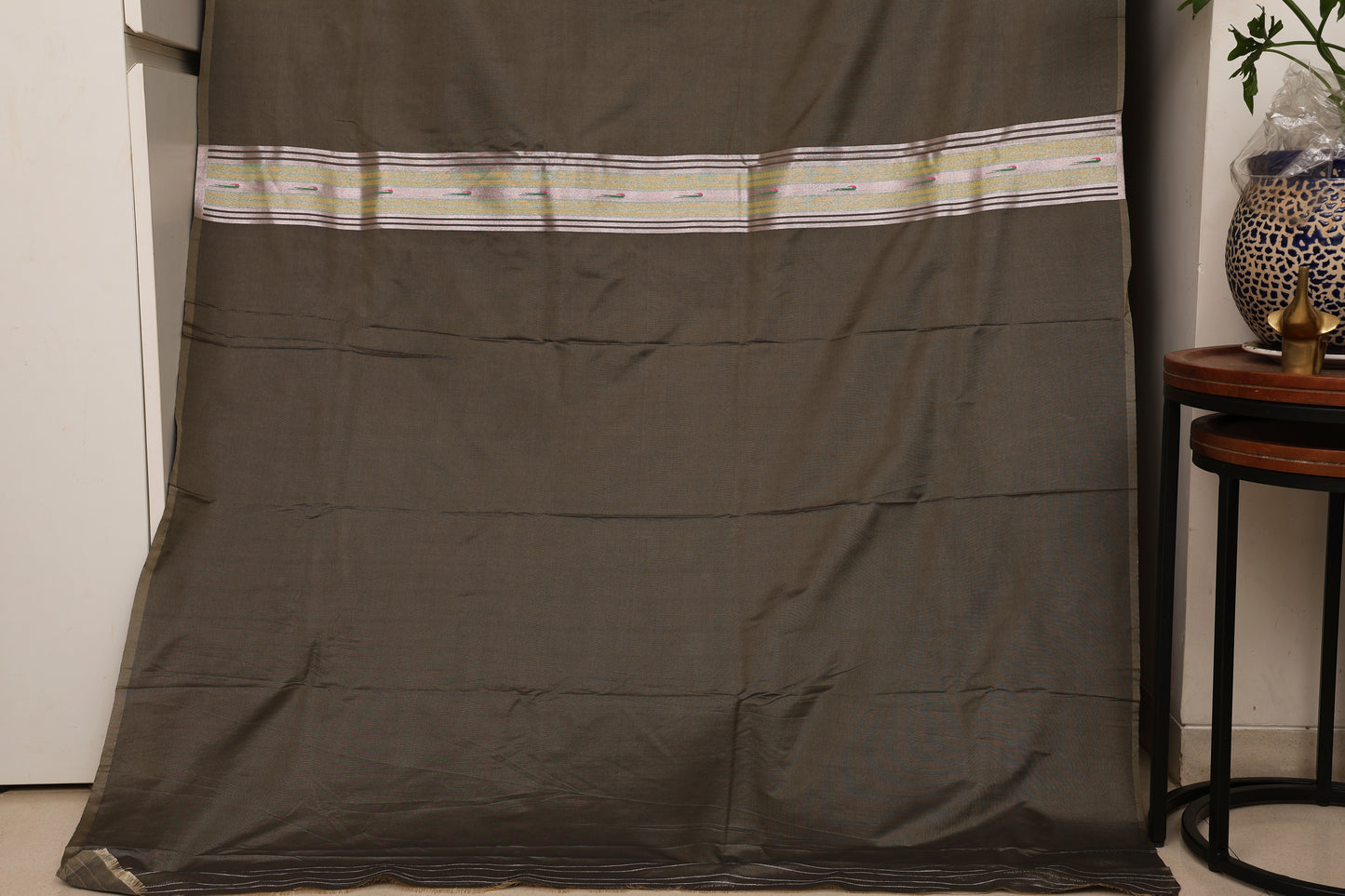 Steel Grey Stripped Tissue Silk Paithani