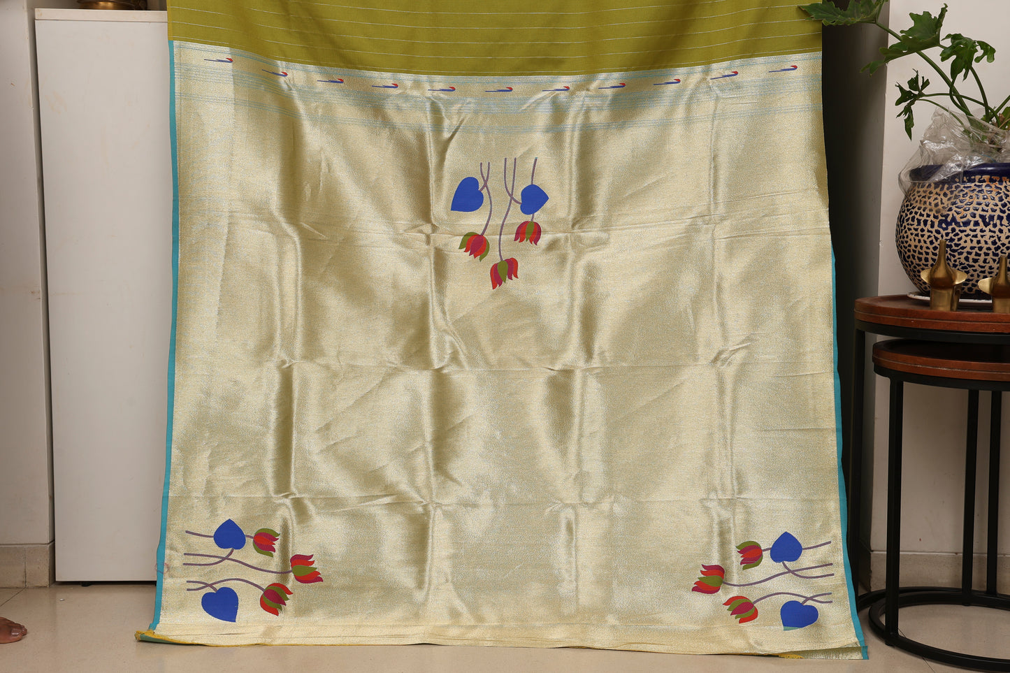 Lime Green Gold Zari Lotus Tissue Paithani