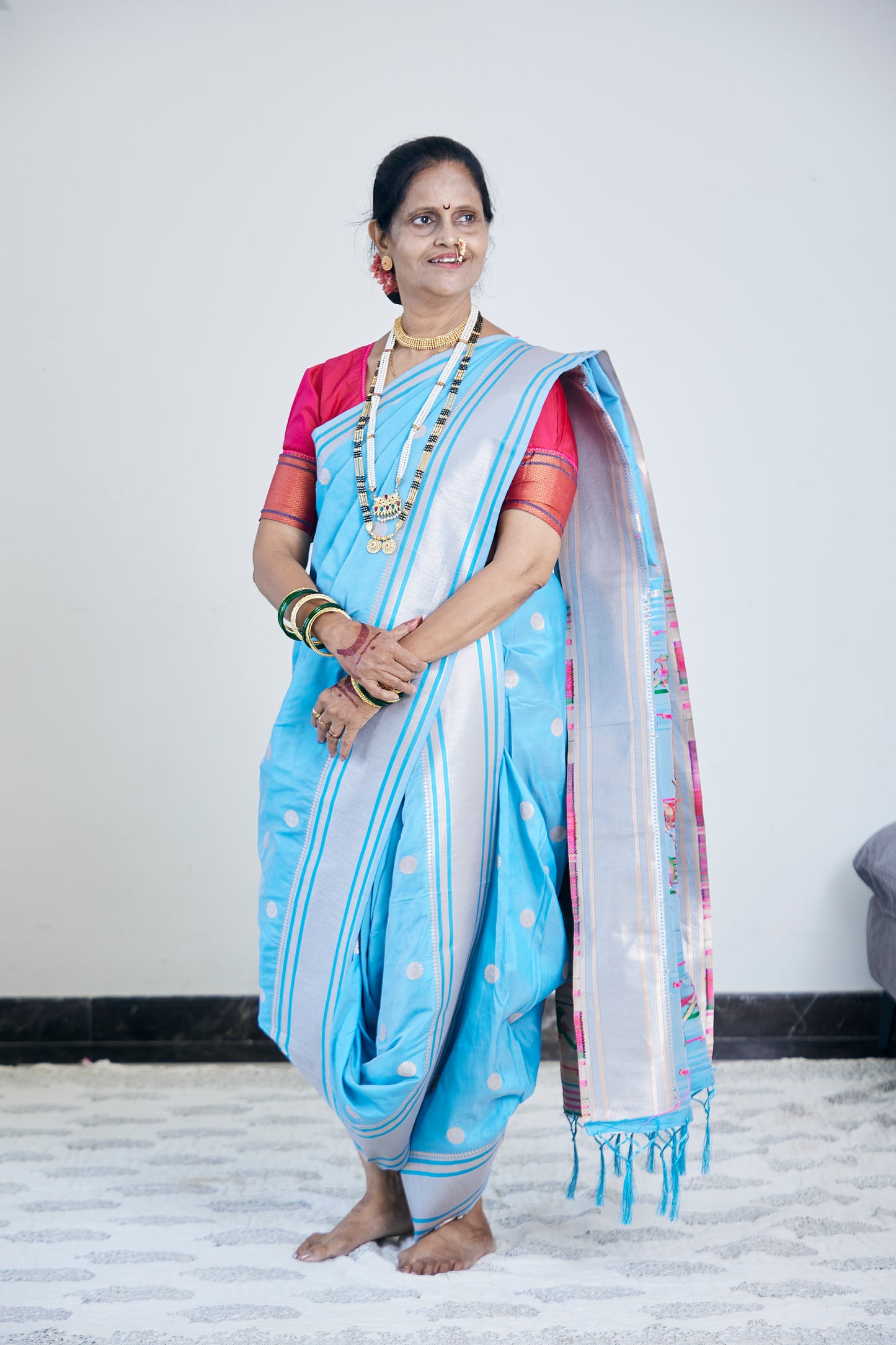 Neelkanth Blue Nauvari Kanjivaram Silk blend Paithani Saree with unstitched blouse