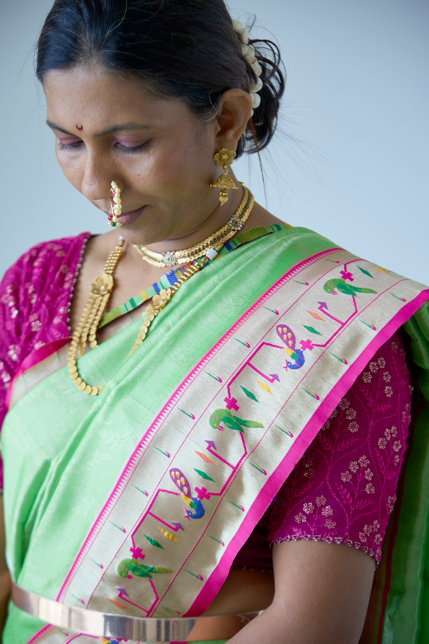 Green Silk Blend Tissue Paithani Saree with unstitched blouse