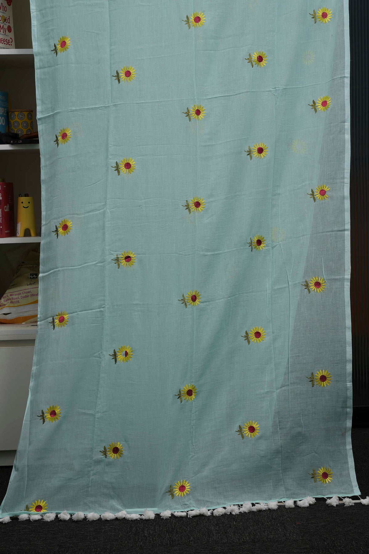 Aqua Blue Sunflower Pure Mulmul Saree