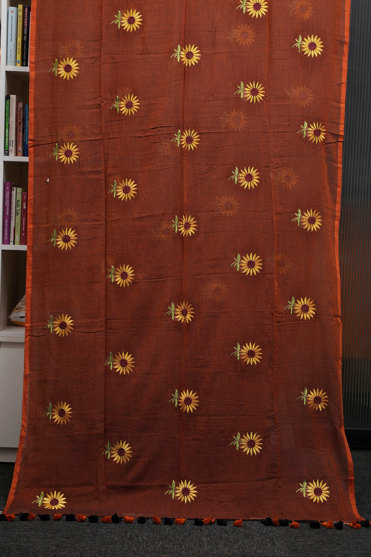 Rust Brown Sunflower Pure Mulmul Saree