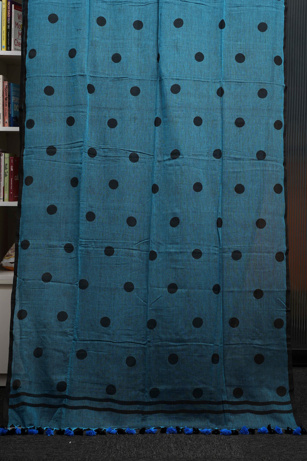 Teal Polka Dot Pure Mulmul Saree
