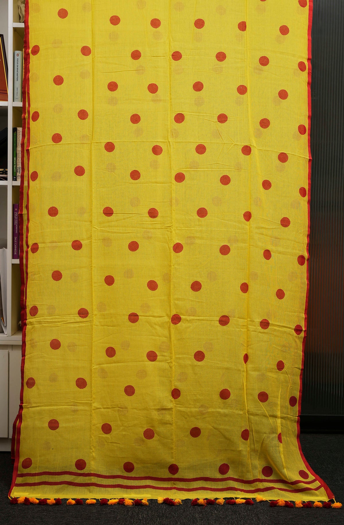 Neon Yellow Polka Dot Pure Mulmul Saree