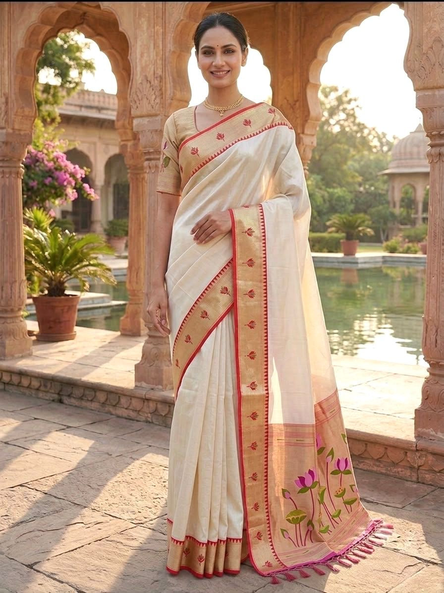 White Gold Zari Lotus Tissue Paithani