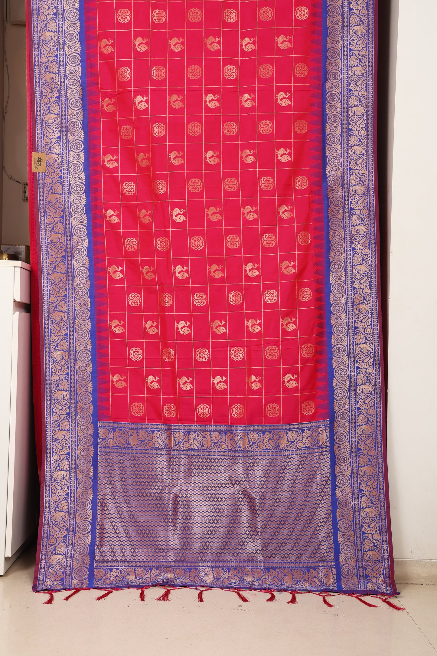 Rani Pink & Royal Blue Zari Check Saree